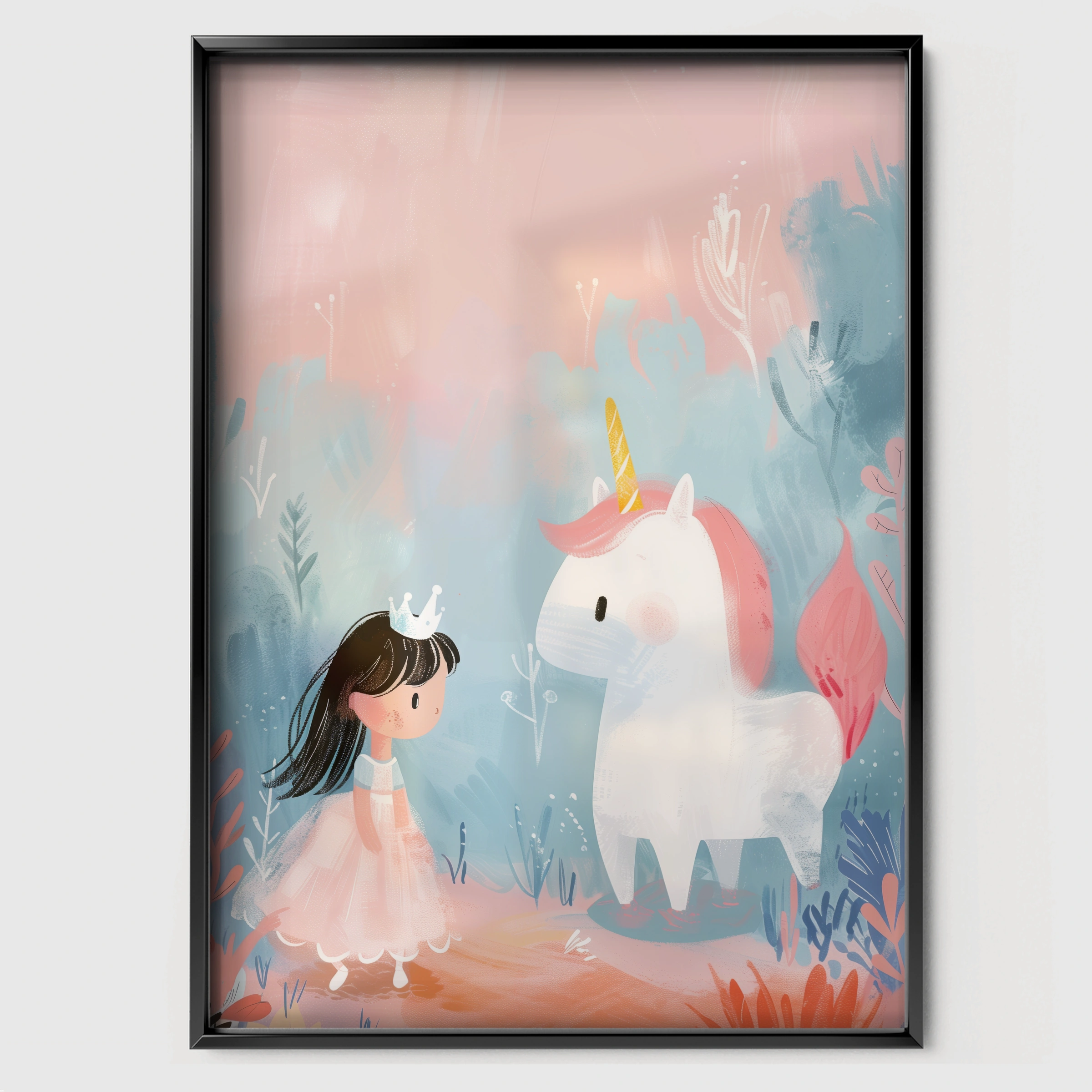 Girl and Unicorn Nursery Print - black framed nursery wall art print