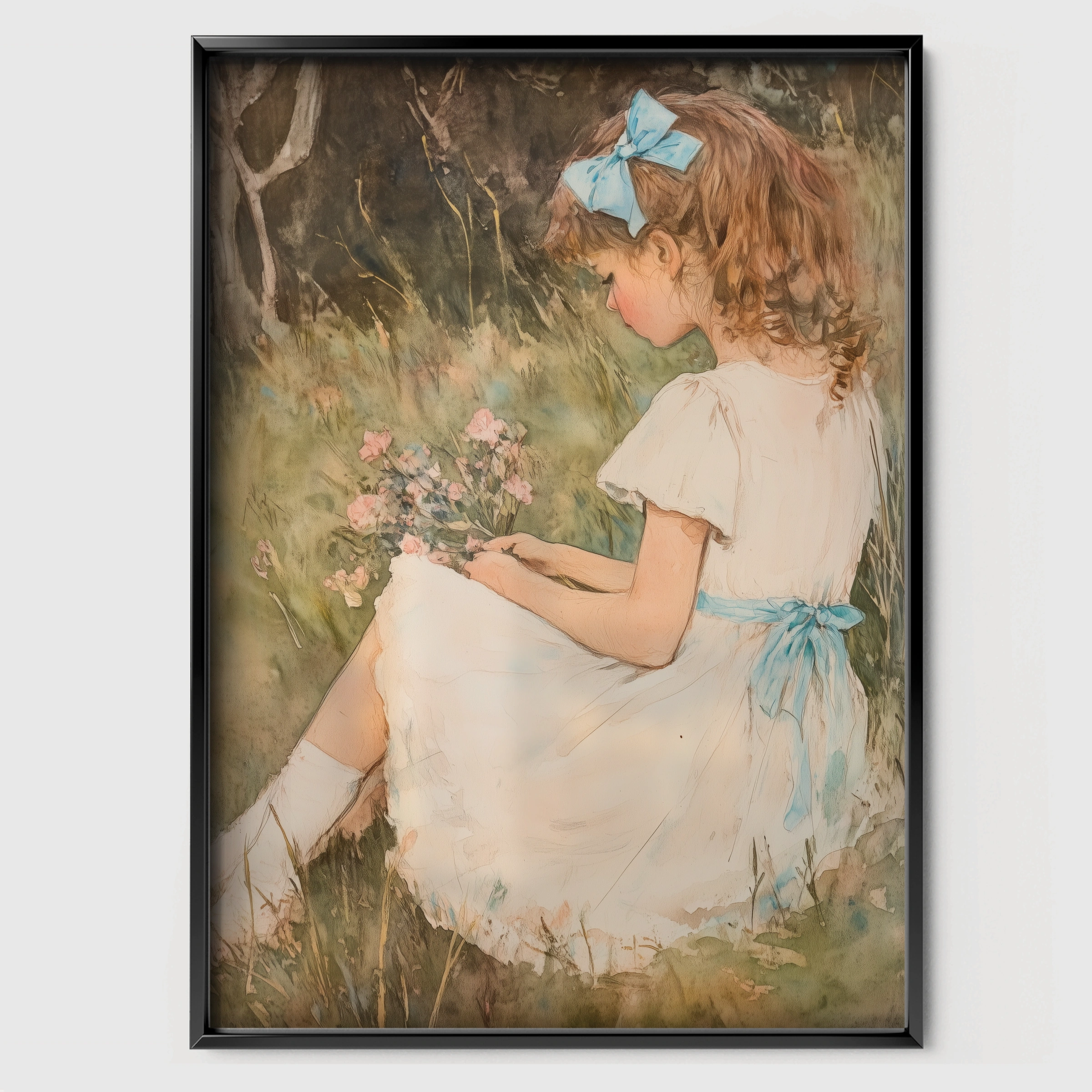 Girl Gathering Flowers Nursery Print - black framed nursery wall art print