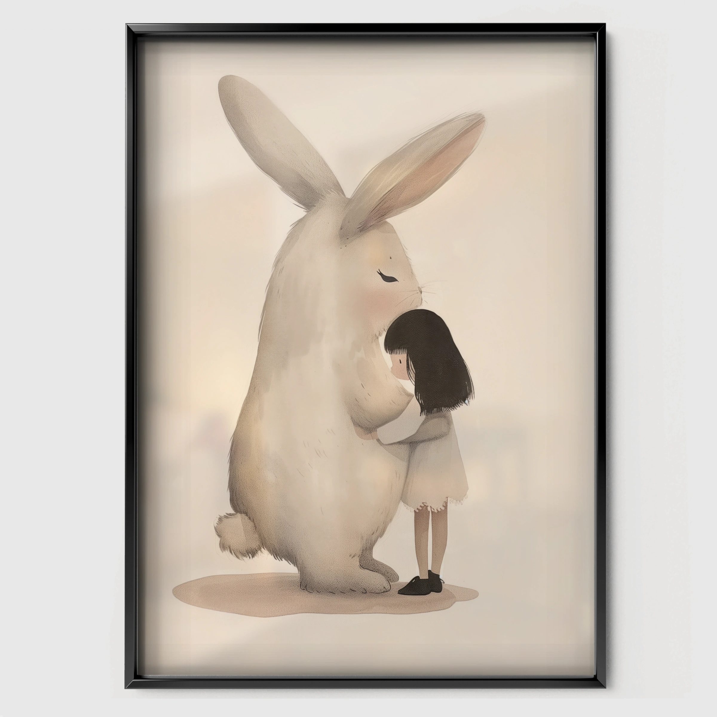 Girl Hugging a Bunny Nursery Print - black framed nursery wall art print