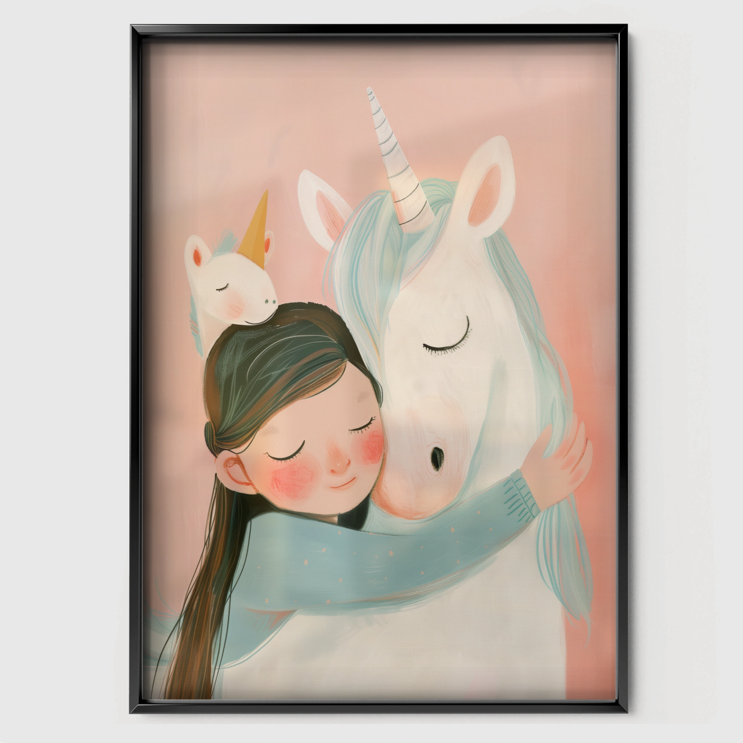 Girl Hugging Unicorn Nursery Print - black framed nursery wall art print