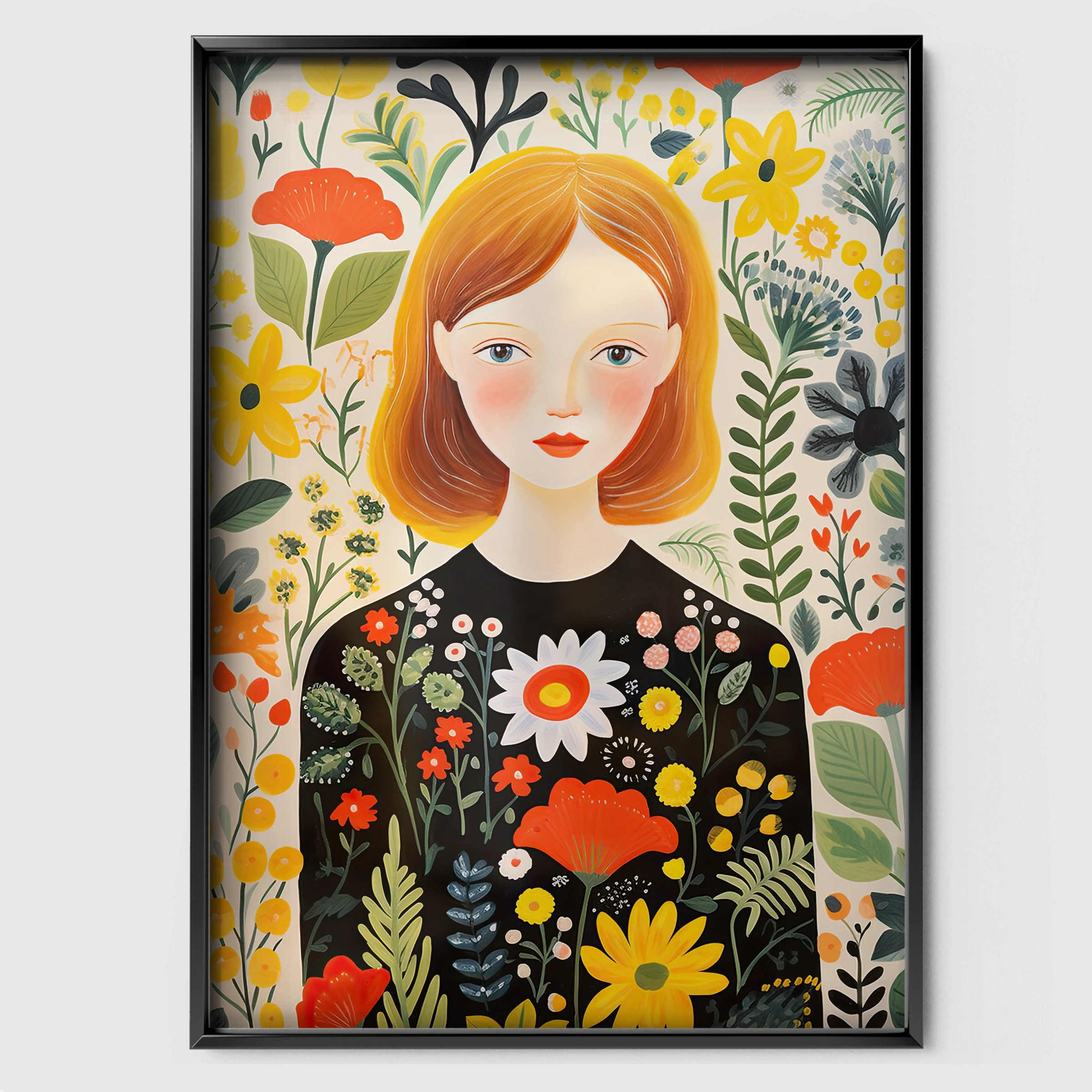 Girl in a Floral Dress Nursery Print - black framed nursery wall art print