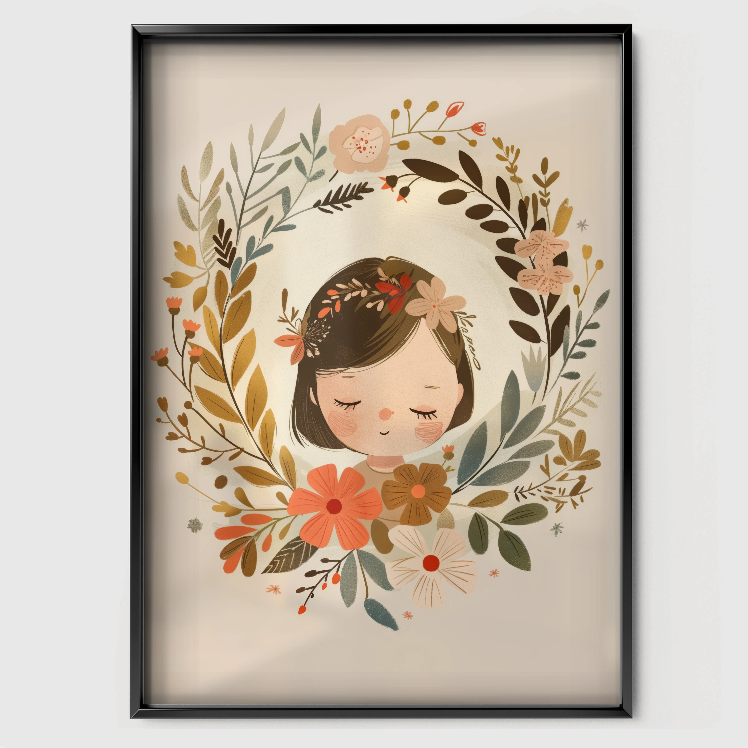 Girl in a Floral Wreath Nursery Print - black framed nursery wall art print