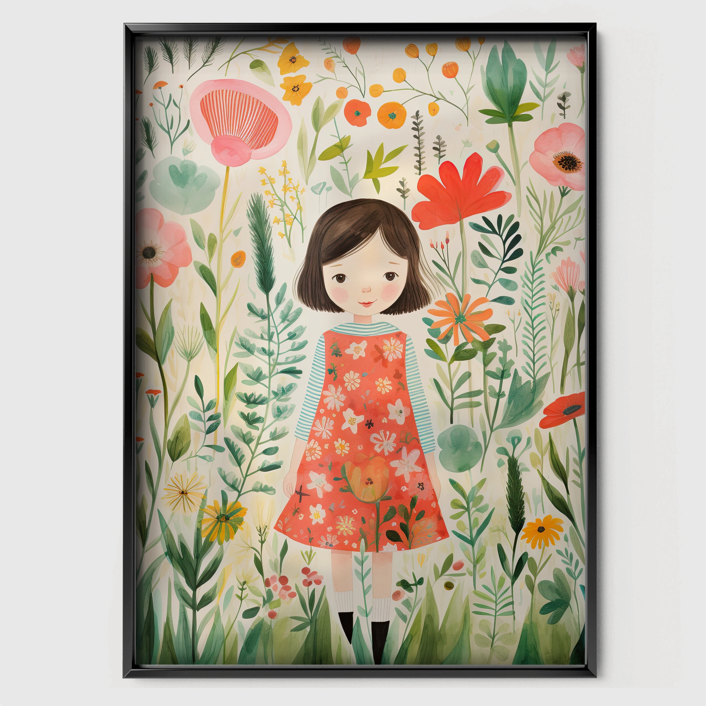 Girl in a Garden Nursery Print - black framed nursery wall art print