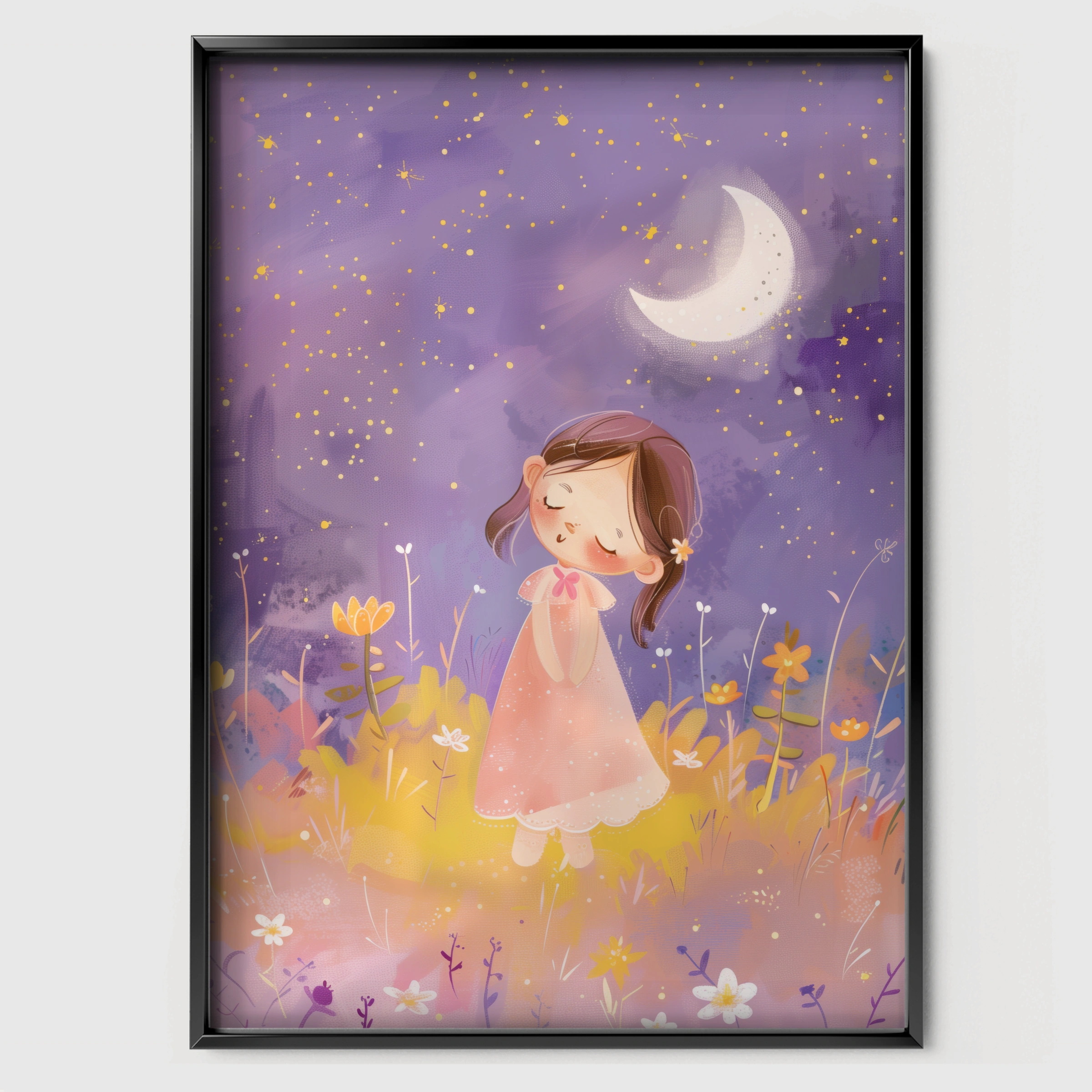 Girl in a Meadow Nursery Print - black framed nursery wall art print