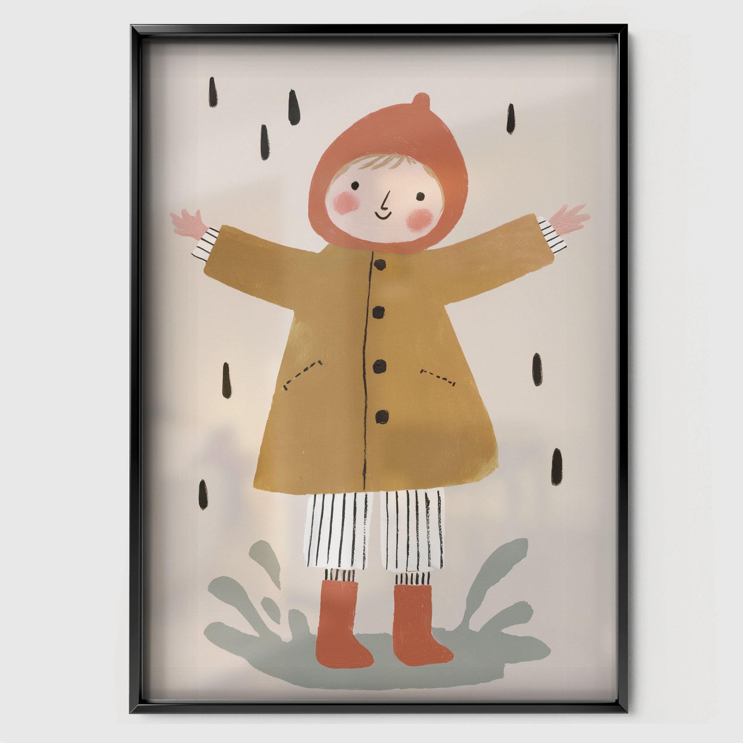 Girl in a Raincoat Nursery Print - black framed nursery wall art print