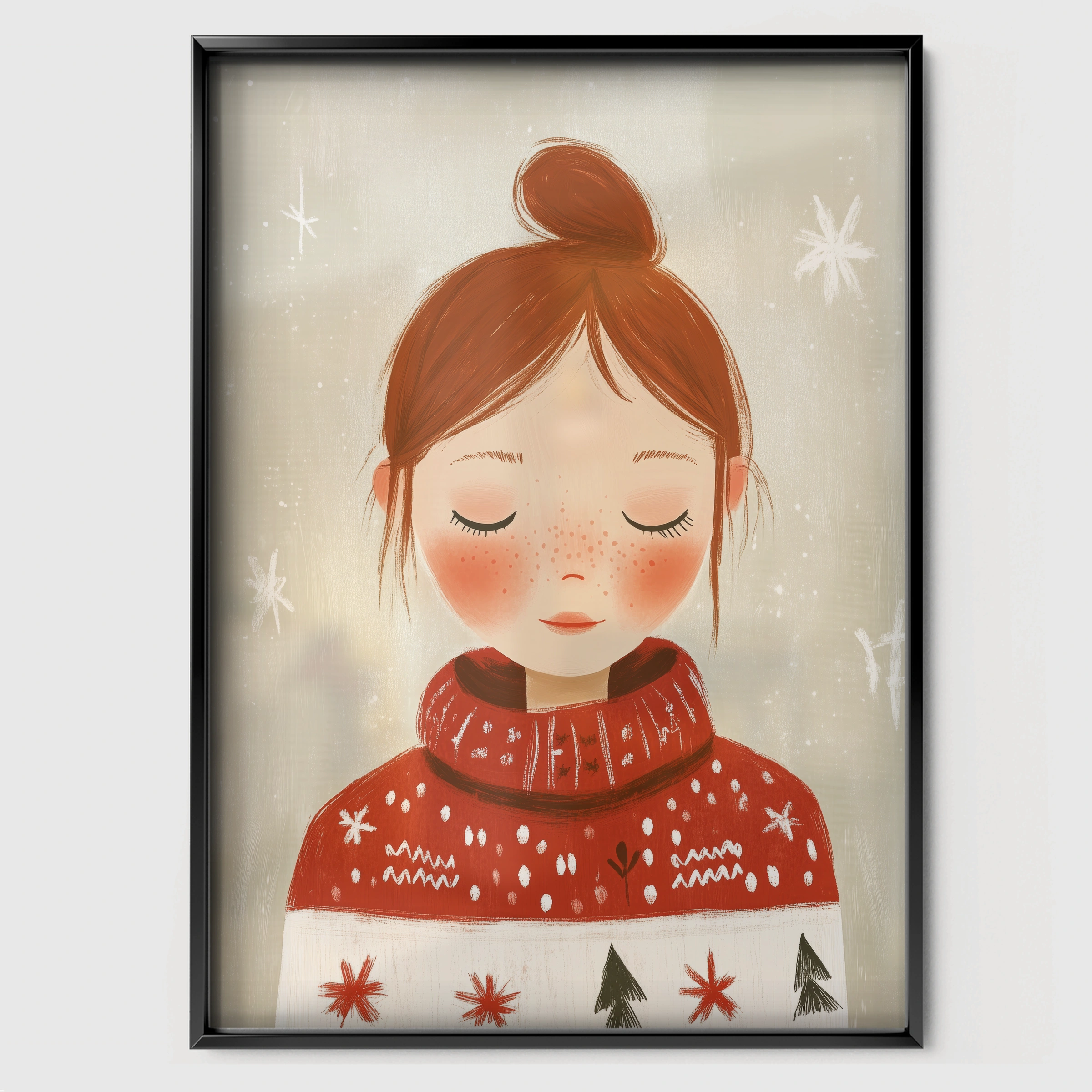 Girl in a Red Sweater Christmas Print - black framed nursery wall art print
