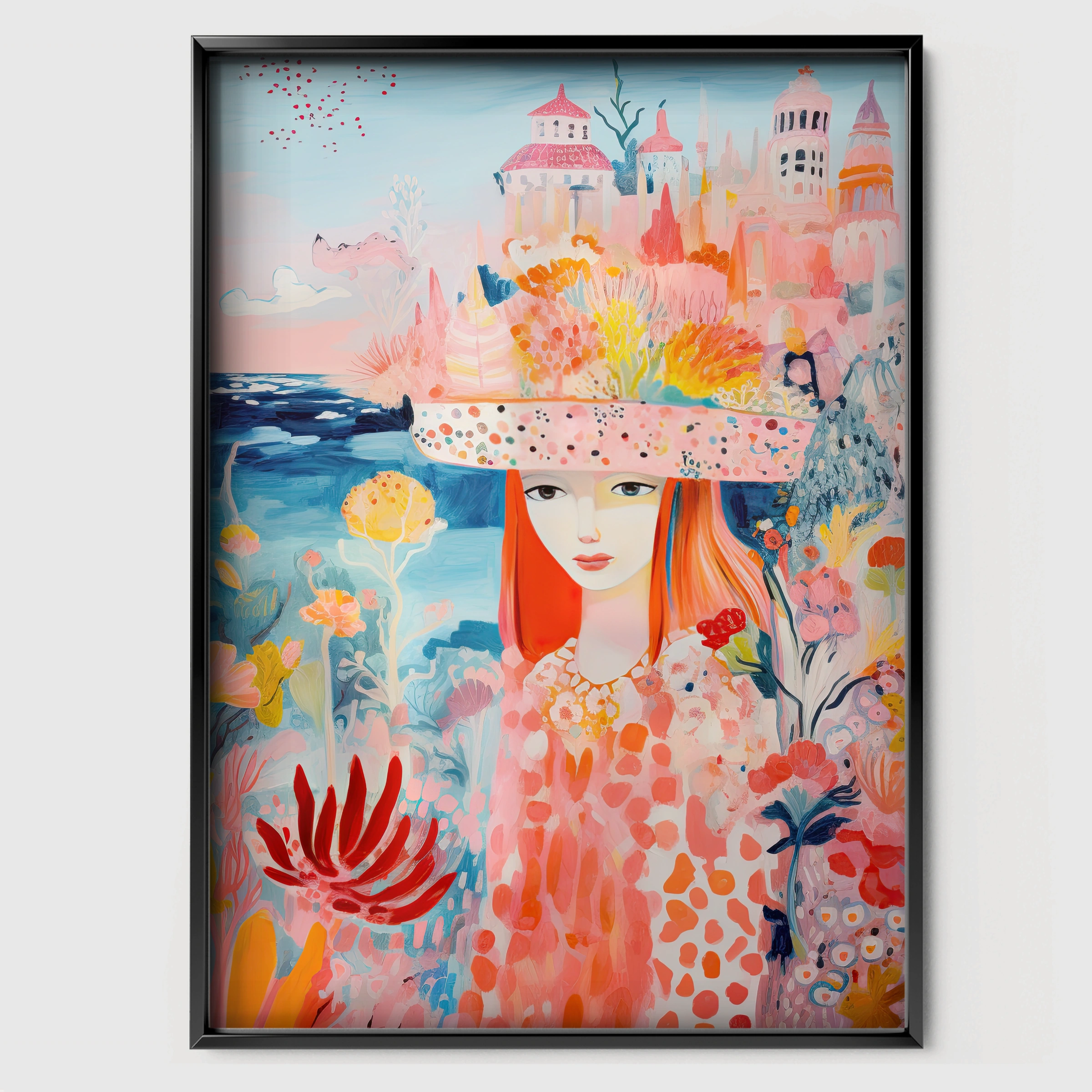 Girl in a Sun Hat Nursery Print - black framed nursery wall art print