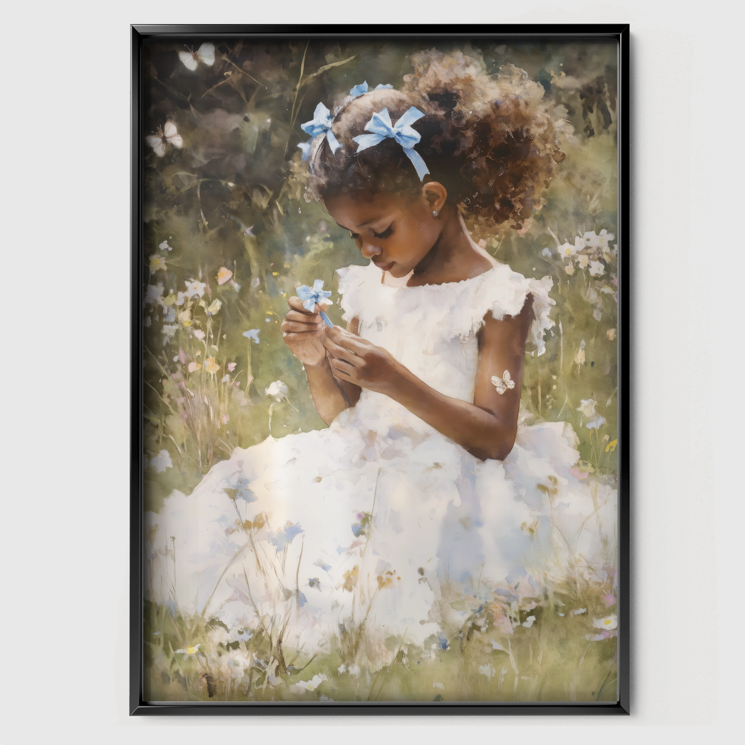 Girl in a White Dress Nursery Print - black framed nursery wall art print