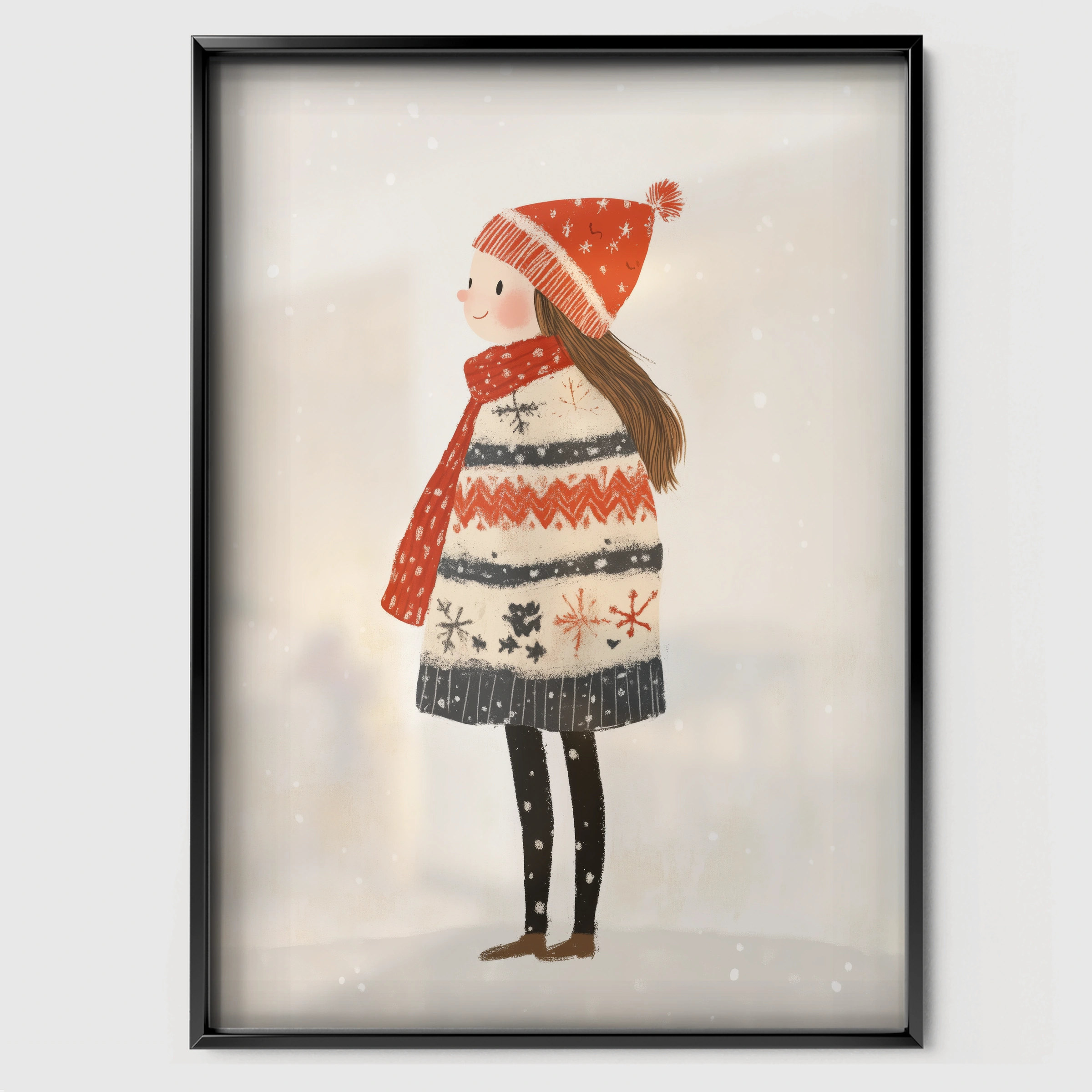 Girl in a Winter Hat Christmas Print - black framed nursery wall art print