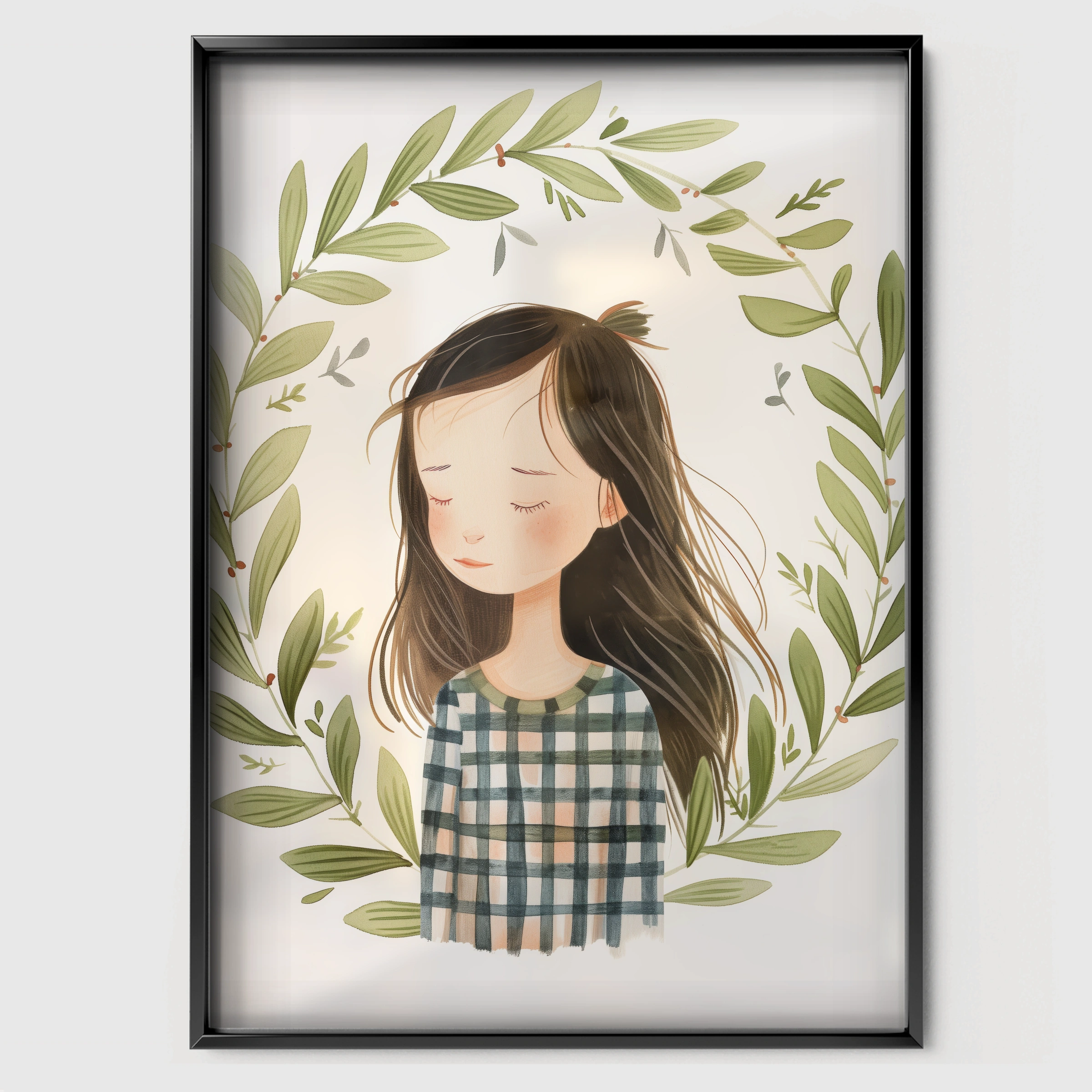 Girl in a Wreath Nursery Print - black framed nursery wall art print