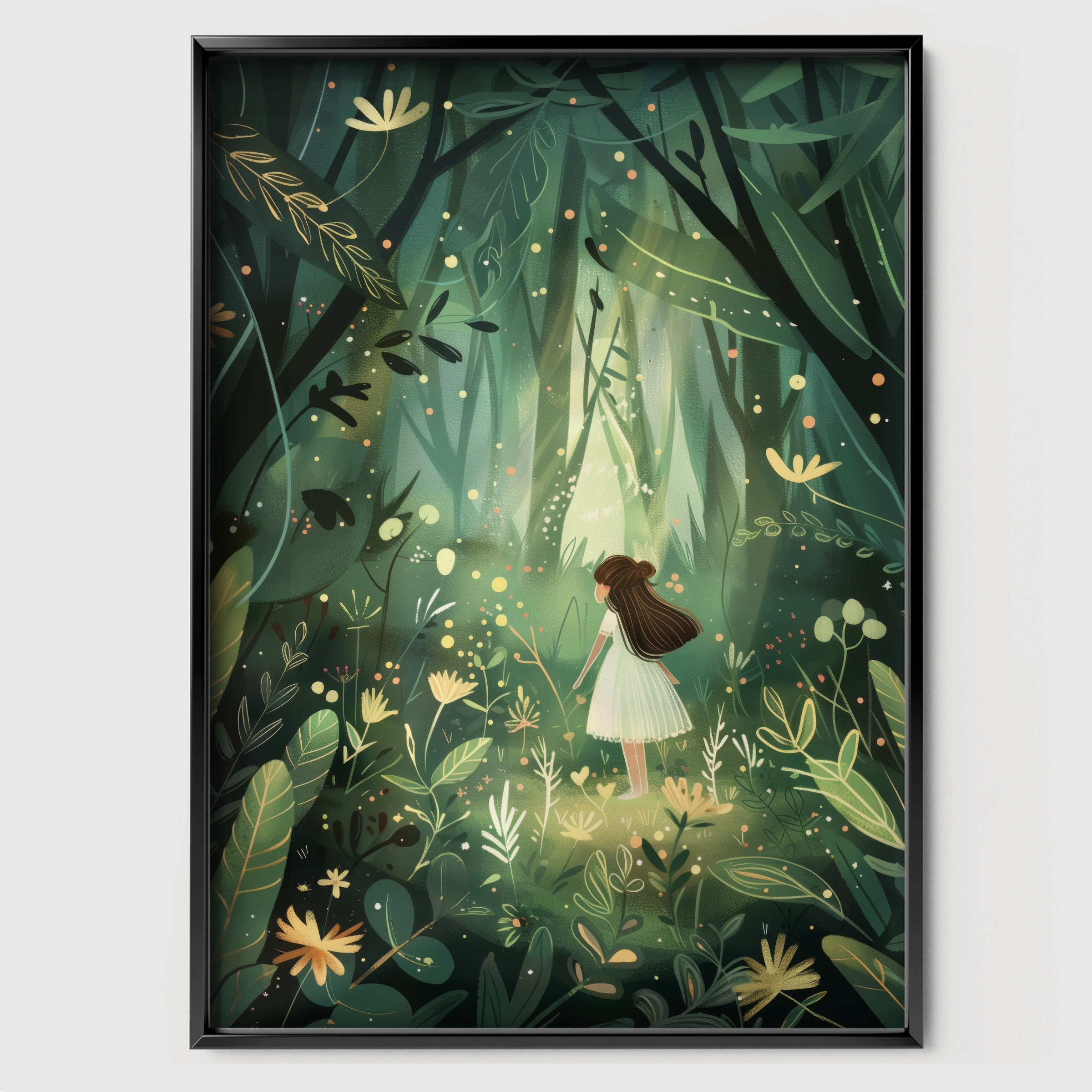 Girl in the Forest Nursery Print - black framed nursery wall art print