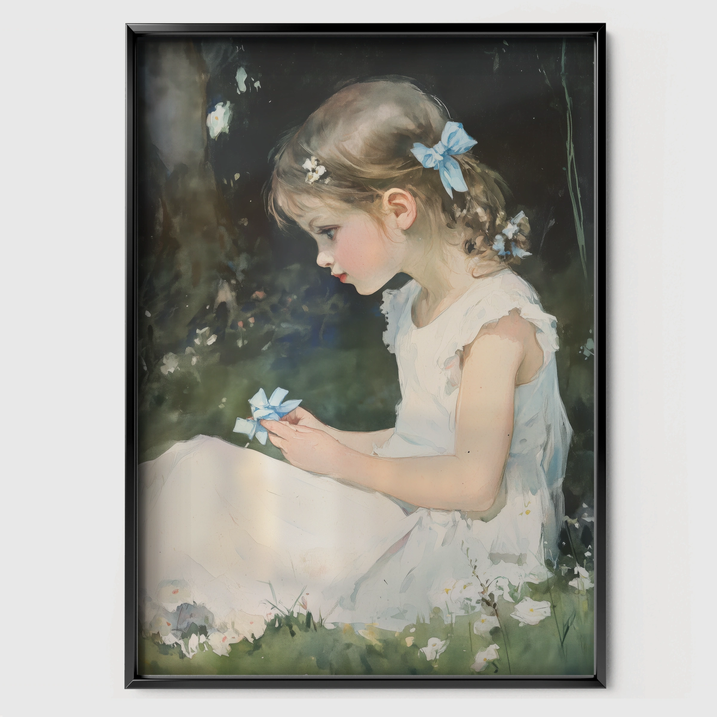 Girl in the Meadow Nursery Print - black framed nursery wall art print