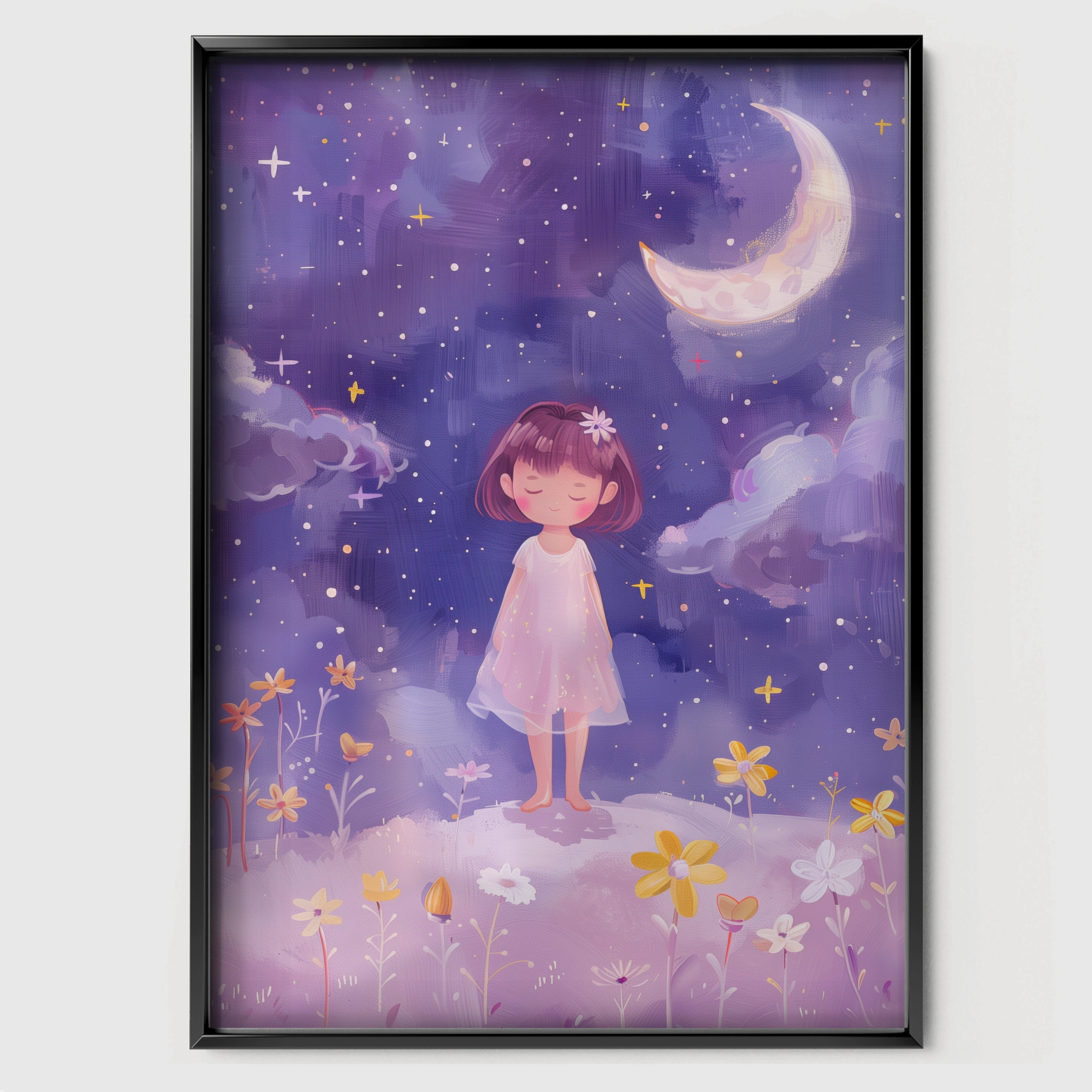 Girl in the Night Field Nursery Print - black framed nursery wall art print