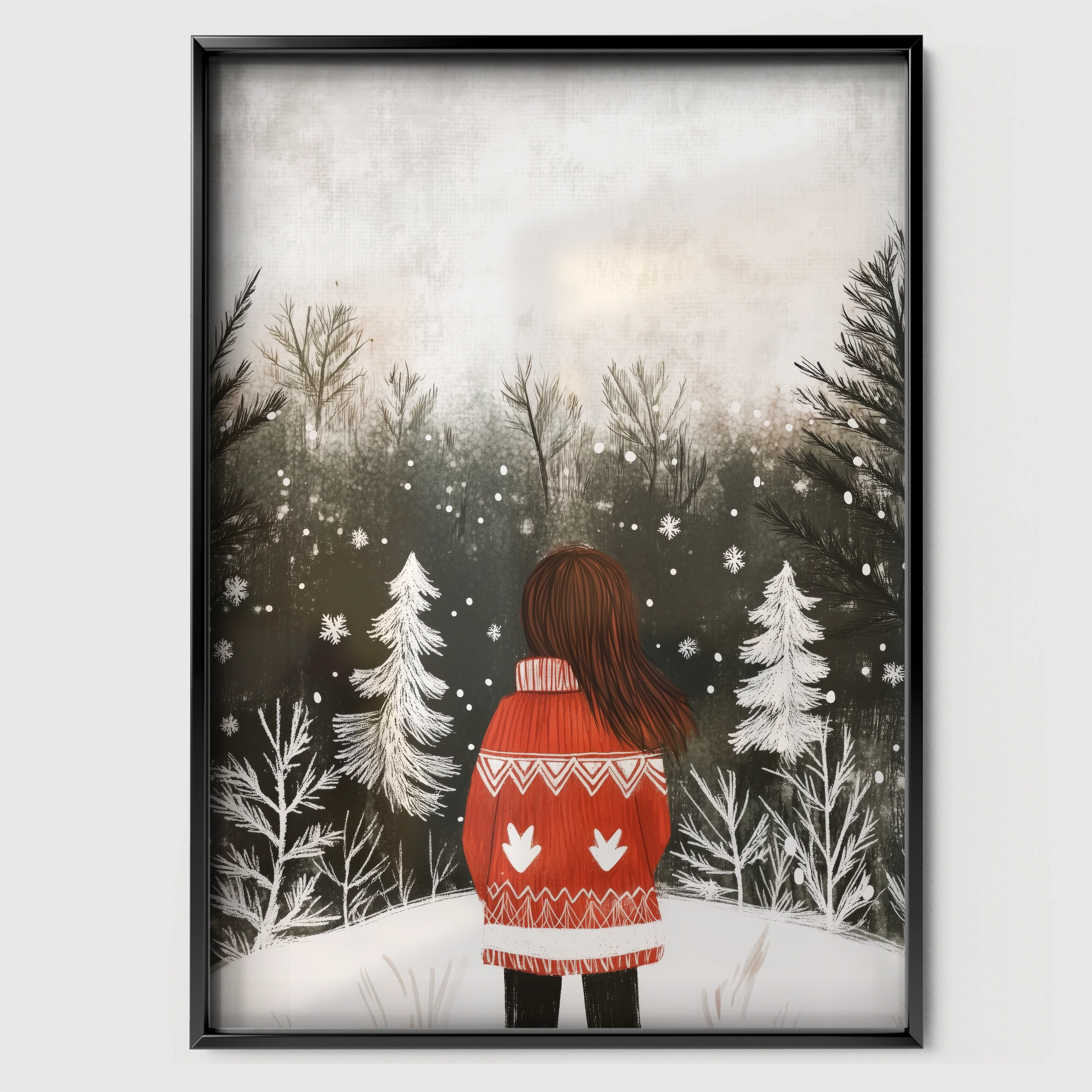 Girl in the Winter Forest Christmas Print - black framed nursery wall art print