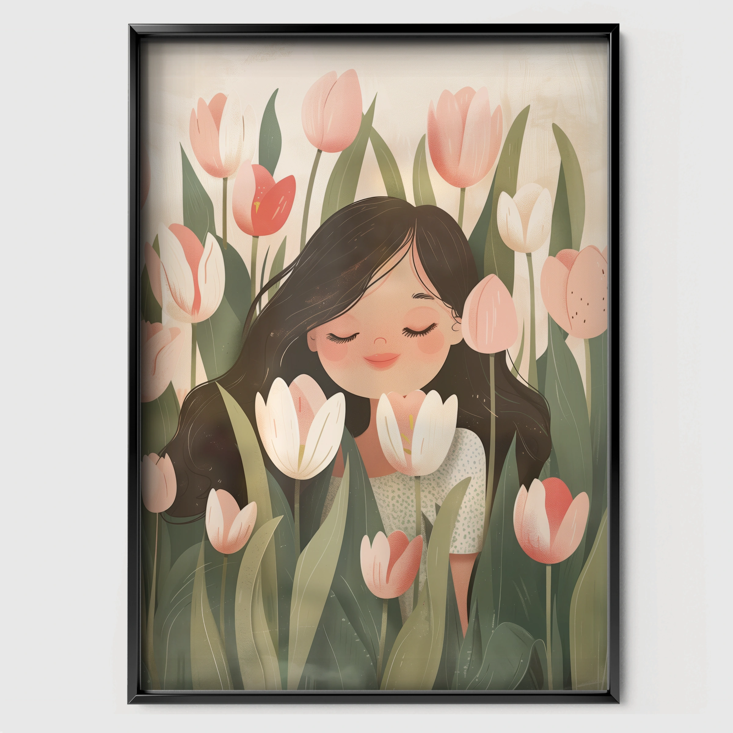 Girl in Tulips Nursery Print - black framed nursery wall art print