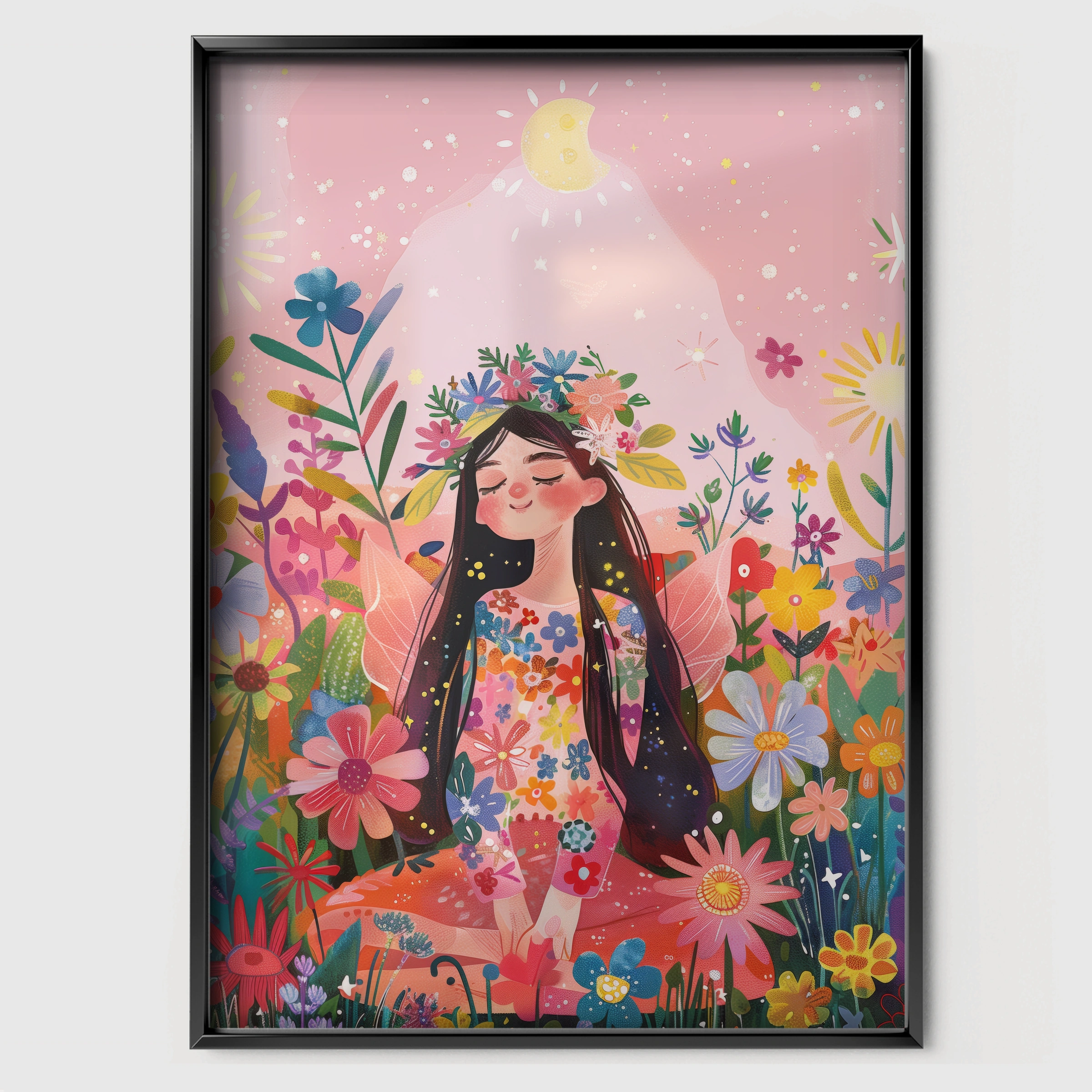 Girl in Wildflowers Nursery Print - black framed nursery wall art print