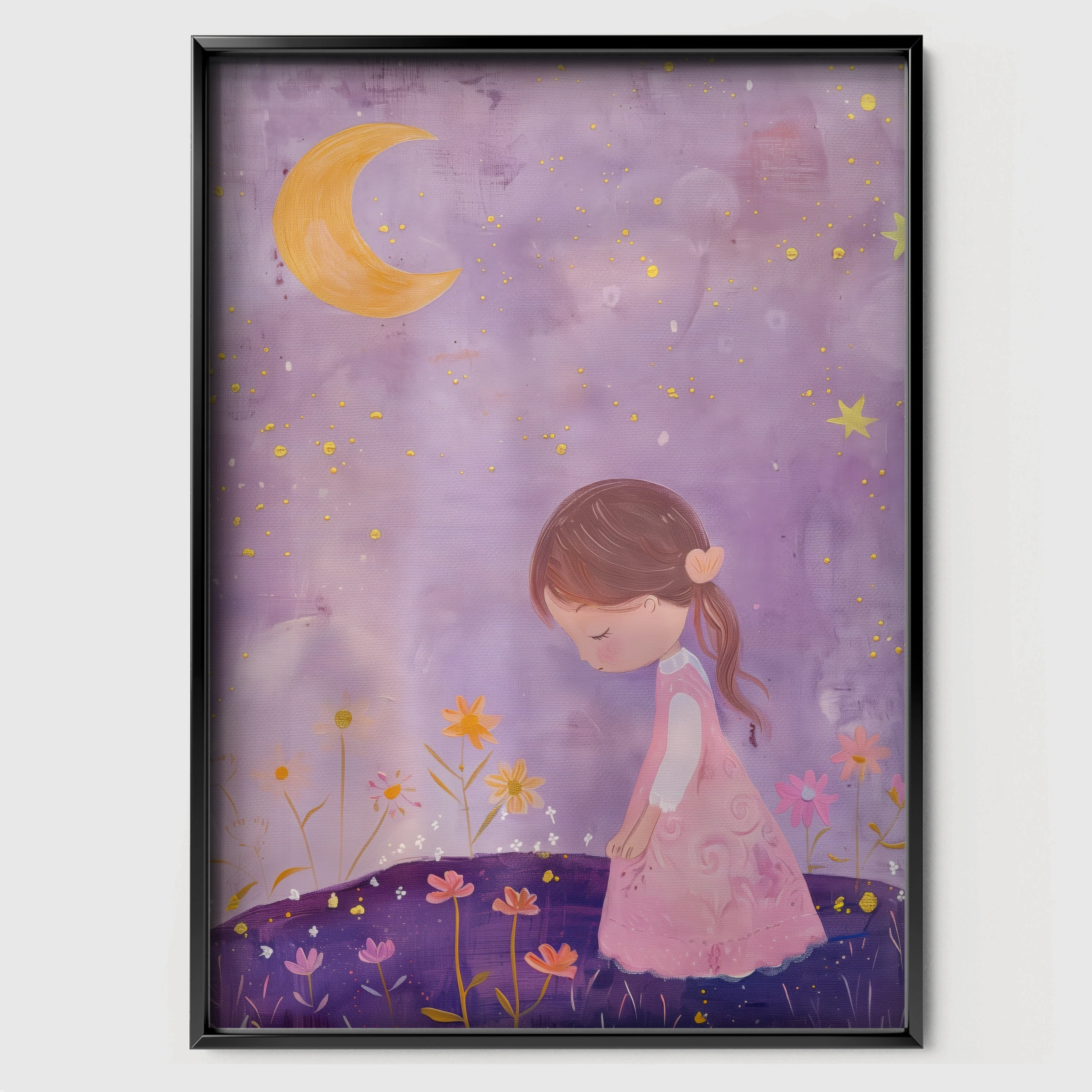 Girl Praying Under the Moon Nursery Print - black framed nursery wall art print