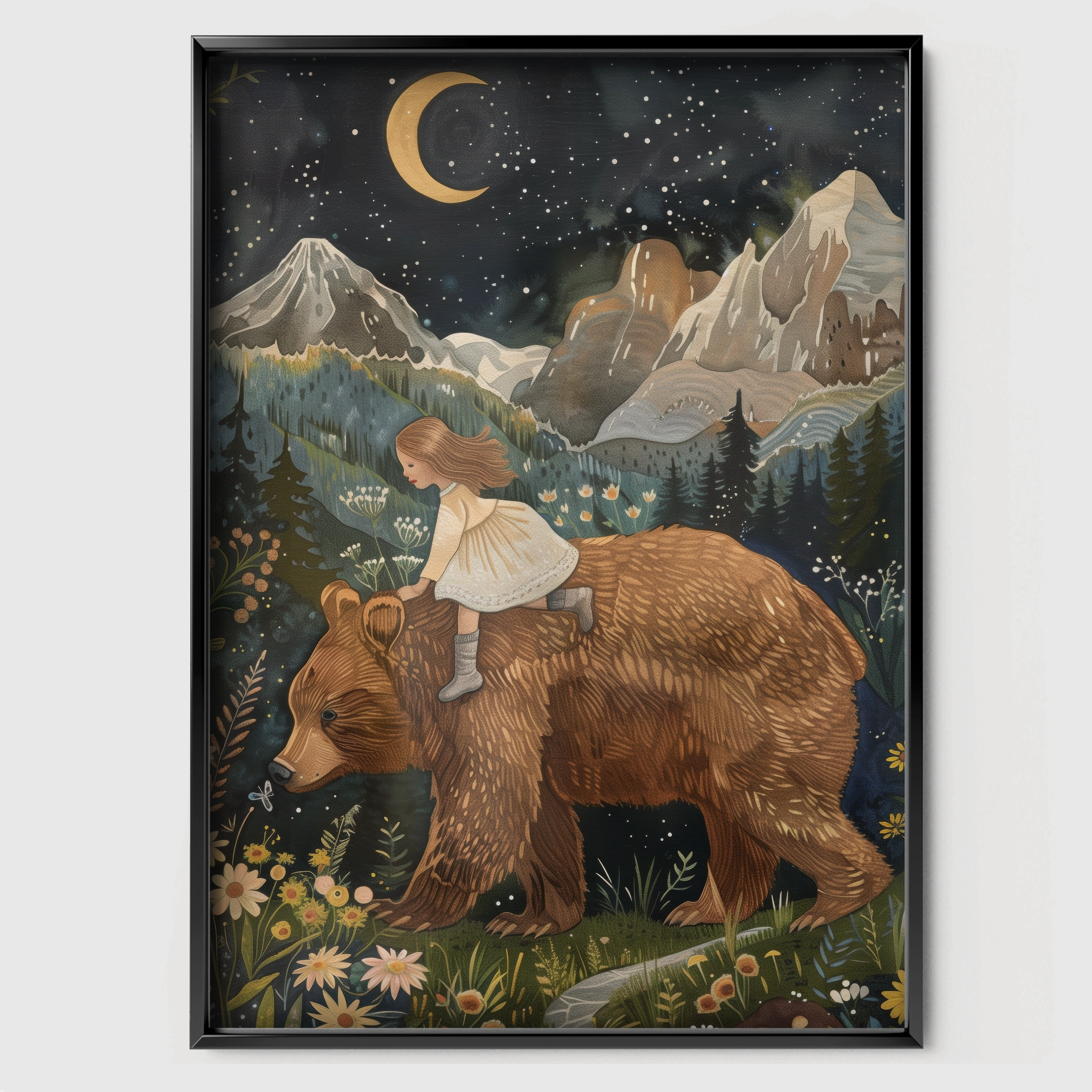 Girl Riding a Bear Nursery Print - black framed nursery wall art print