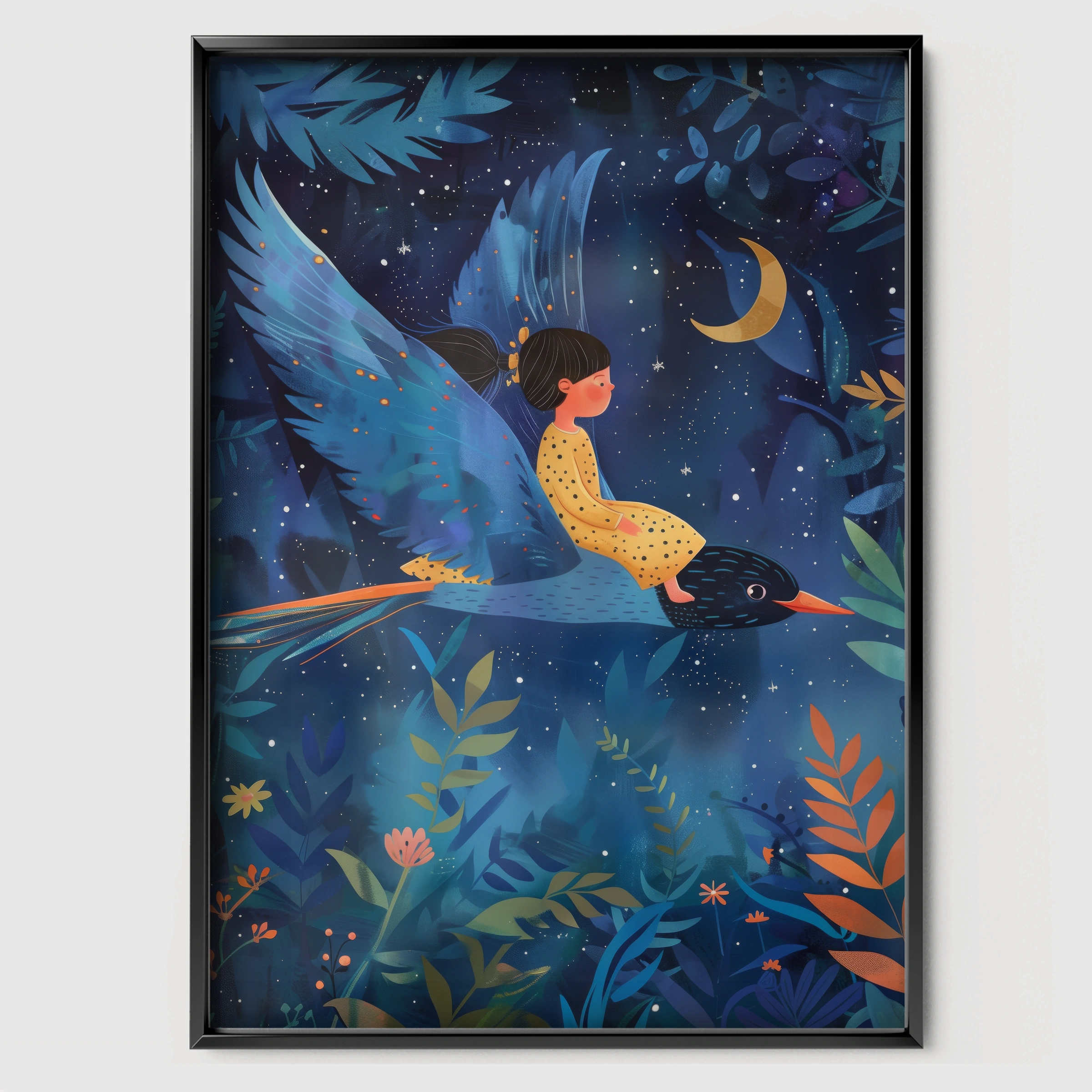 Girl Riding a Bird Nursery Print - black framed nursery wall art print