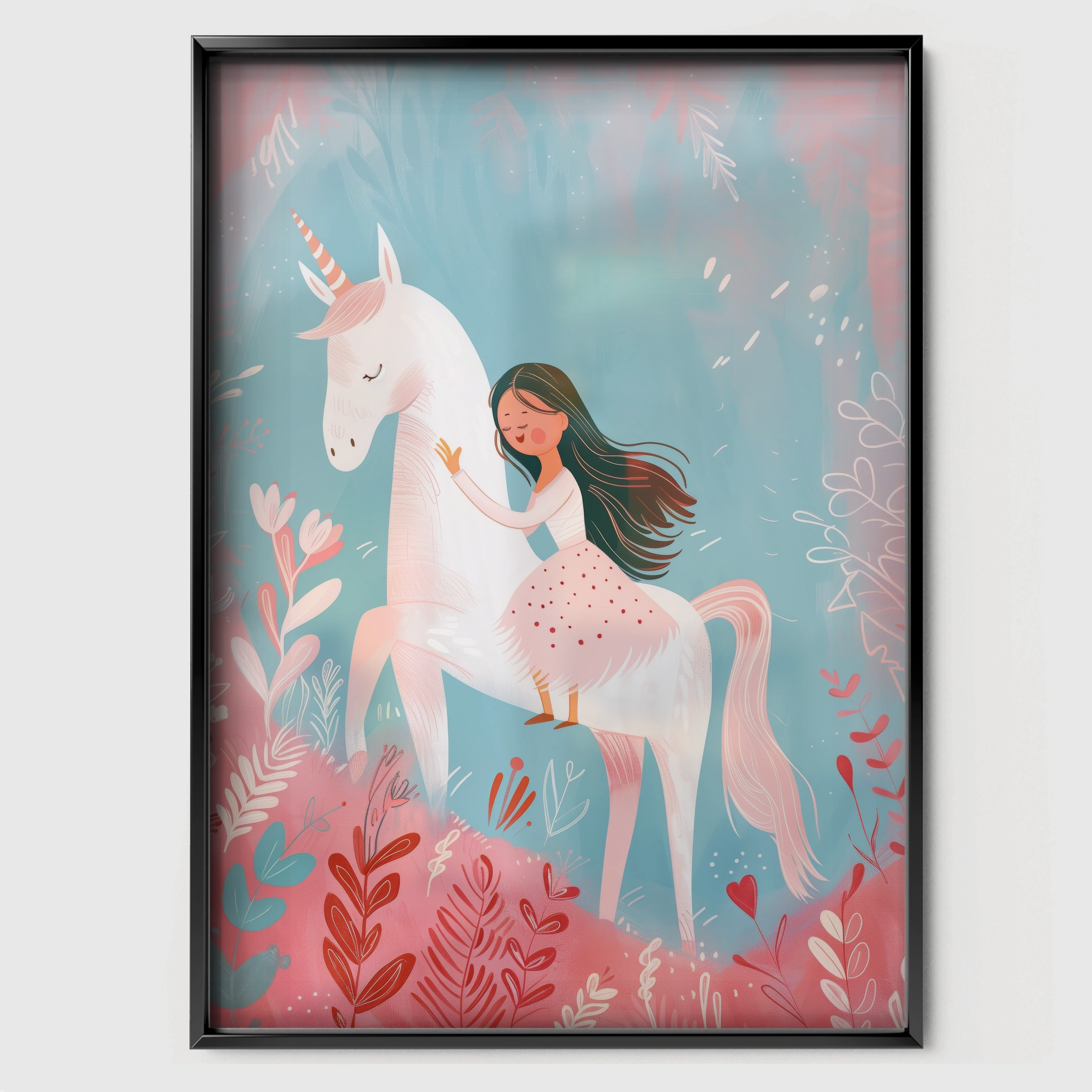 Girl Riding a Unicorn Nursery Print - black framed nursery wall art print