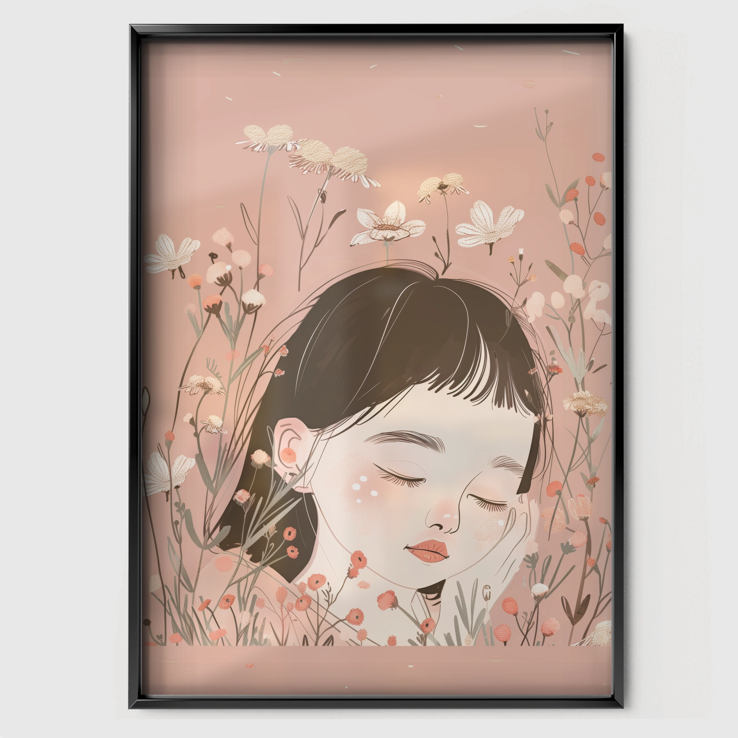 Girl Sleeping in Flowers Nursery Print - black framed nursery wall art print