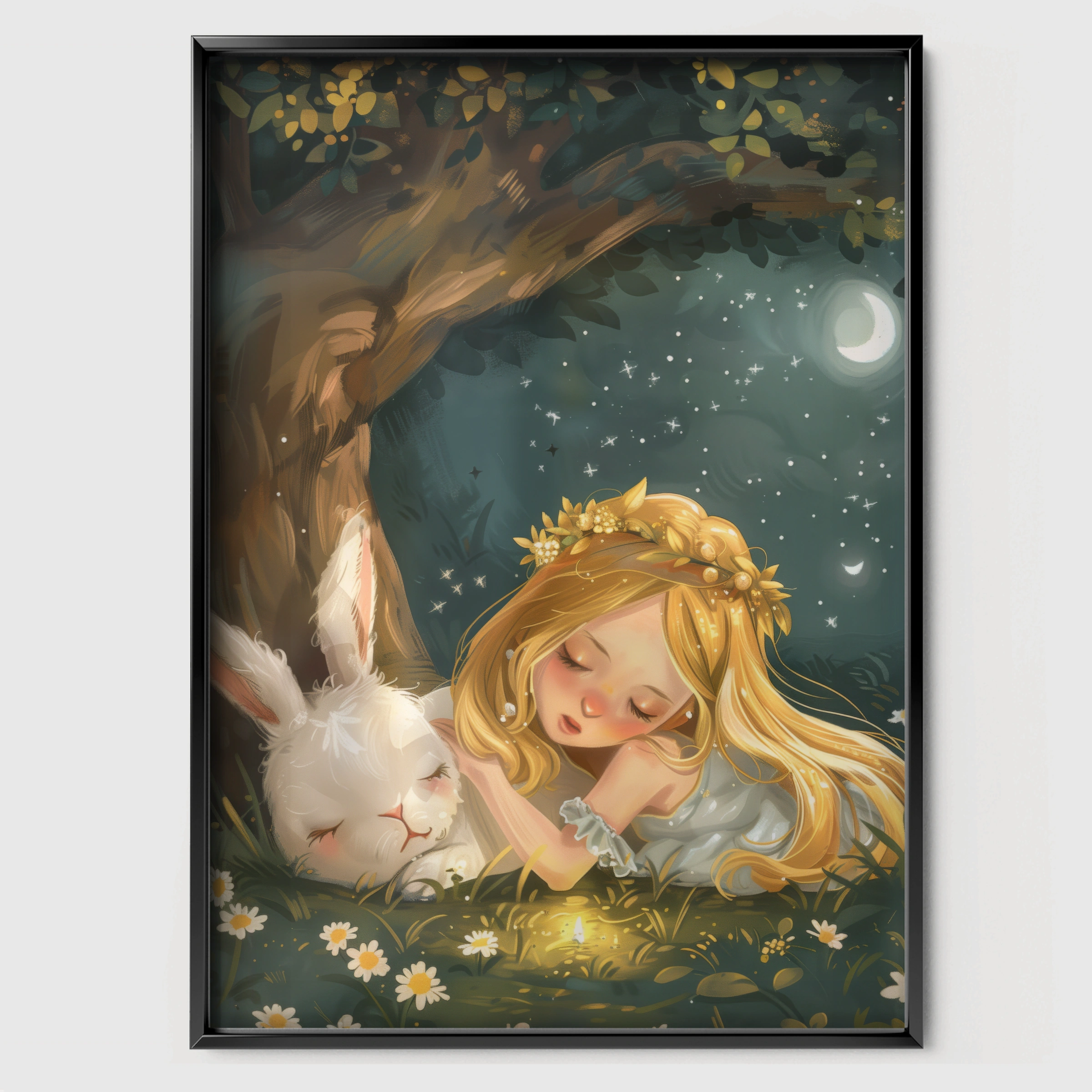 Girl Sleeping with a Bunny Nursery Print - black framed nursery wall art print