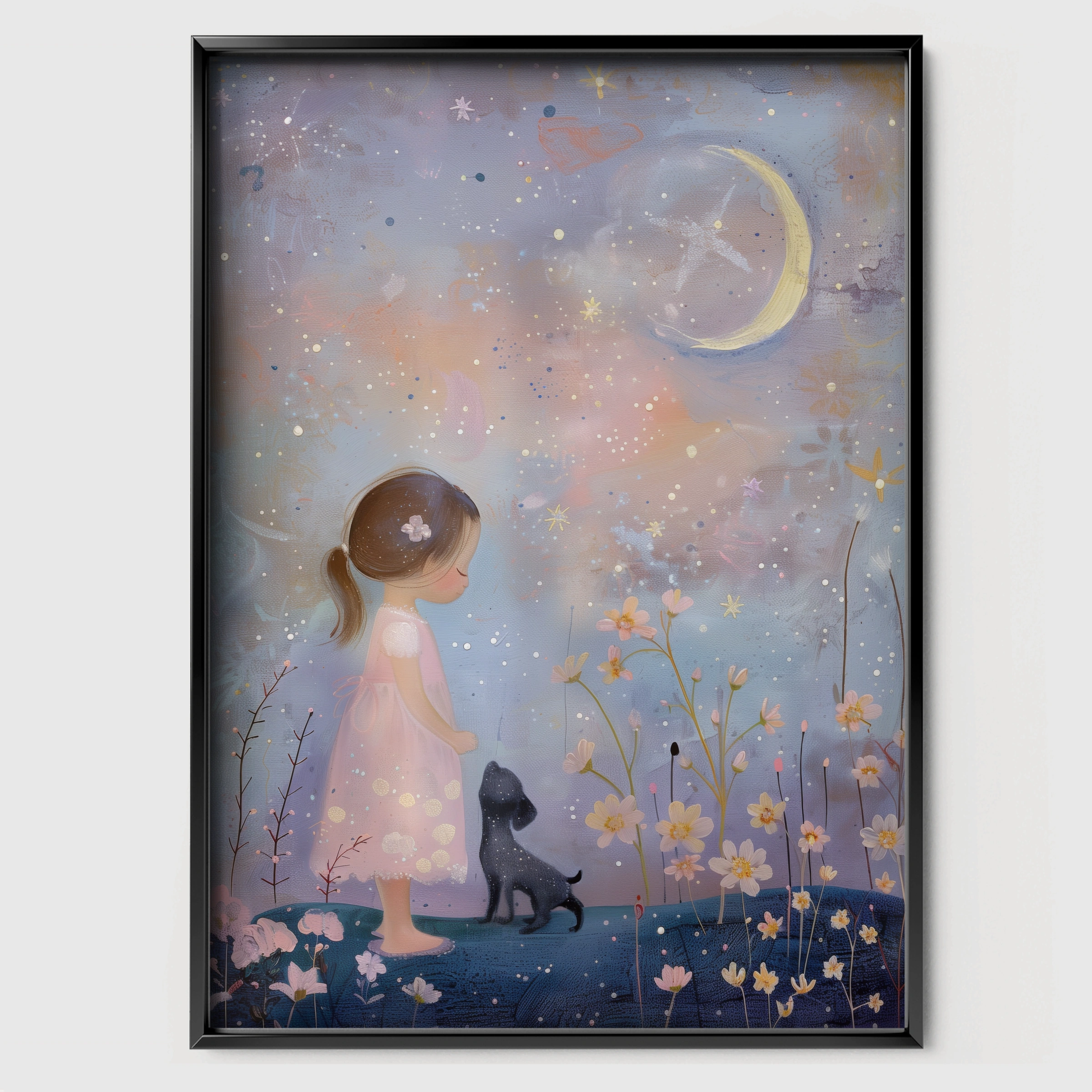 Girl Under the Moon Nursery Print - black framed nursery wall art print