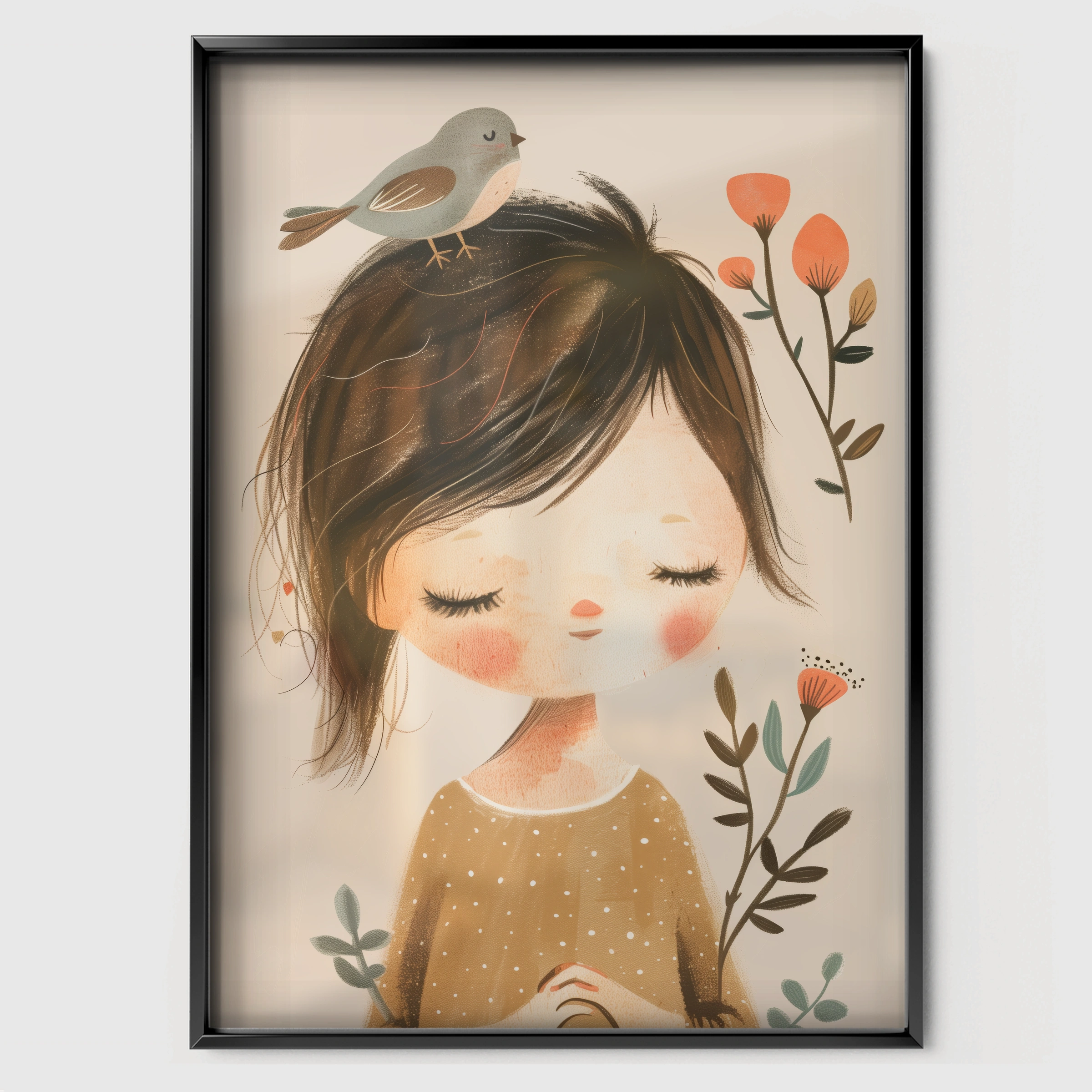 Girl with a Bird Nursery Print - black framed nursery wall art print