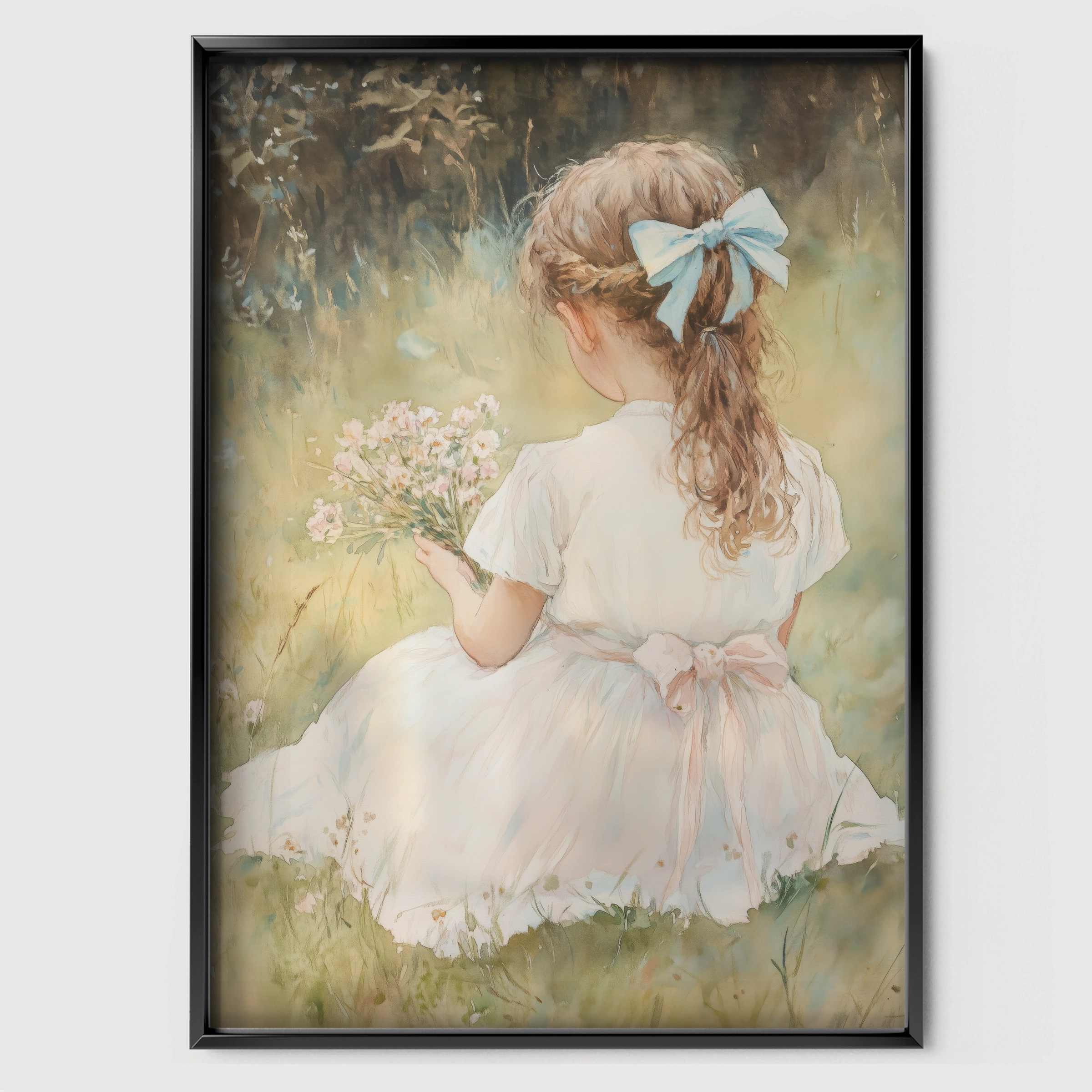 Girl with a Blue Bow Nursery Print - black framed nursery wall art print