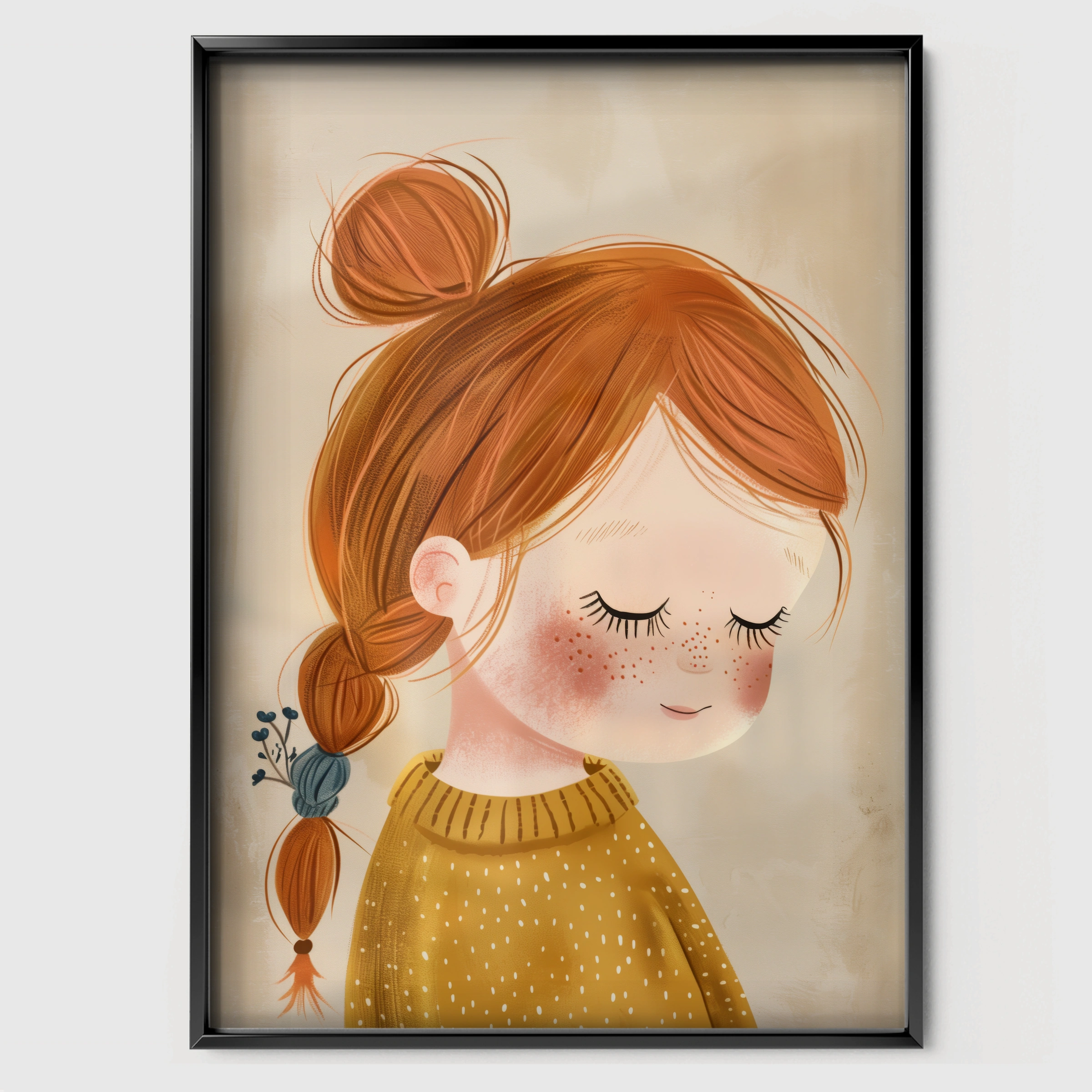 Girl with a Braid Nursery Print - black framed nursery wall art print