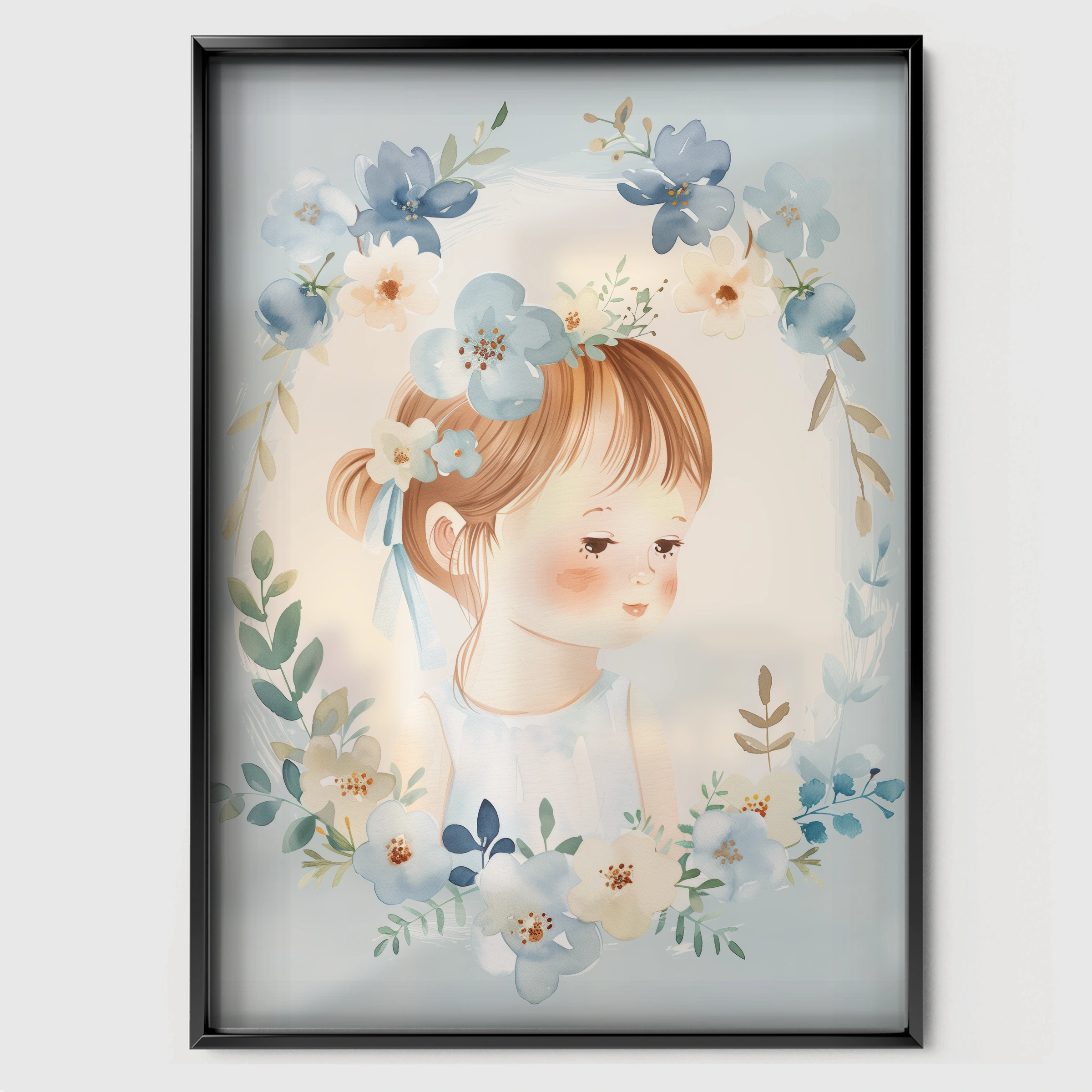 Girl with a Floral Wreath Nursery Print - black framed nursery wall art print