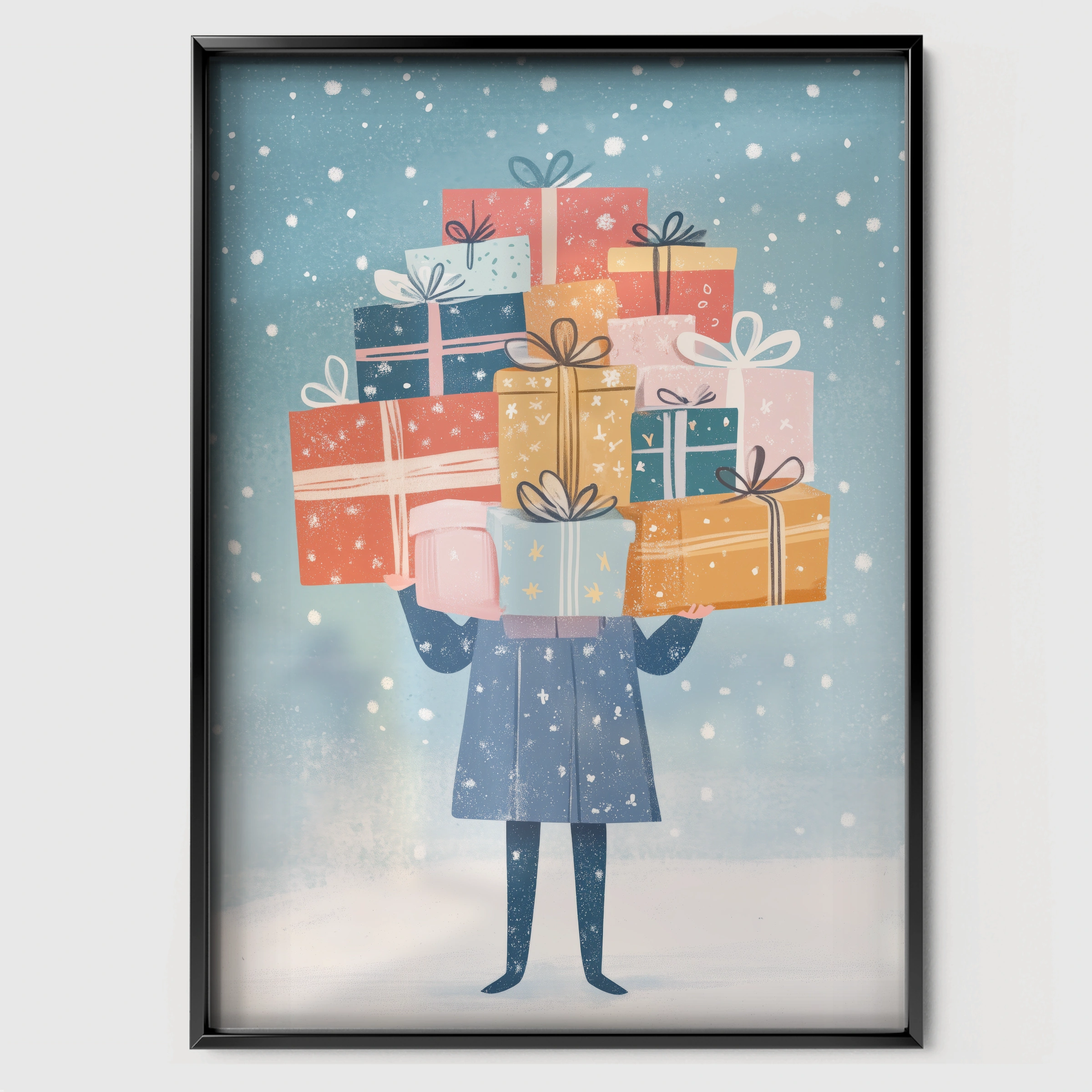 Girl with a Stack of Gifts Christmas Print - black framed nursery wall art print