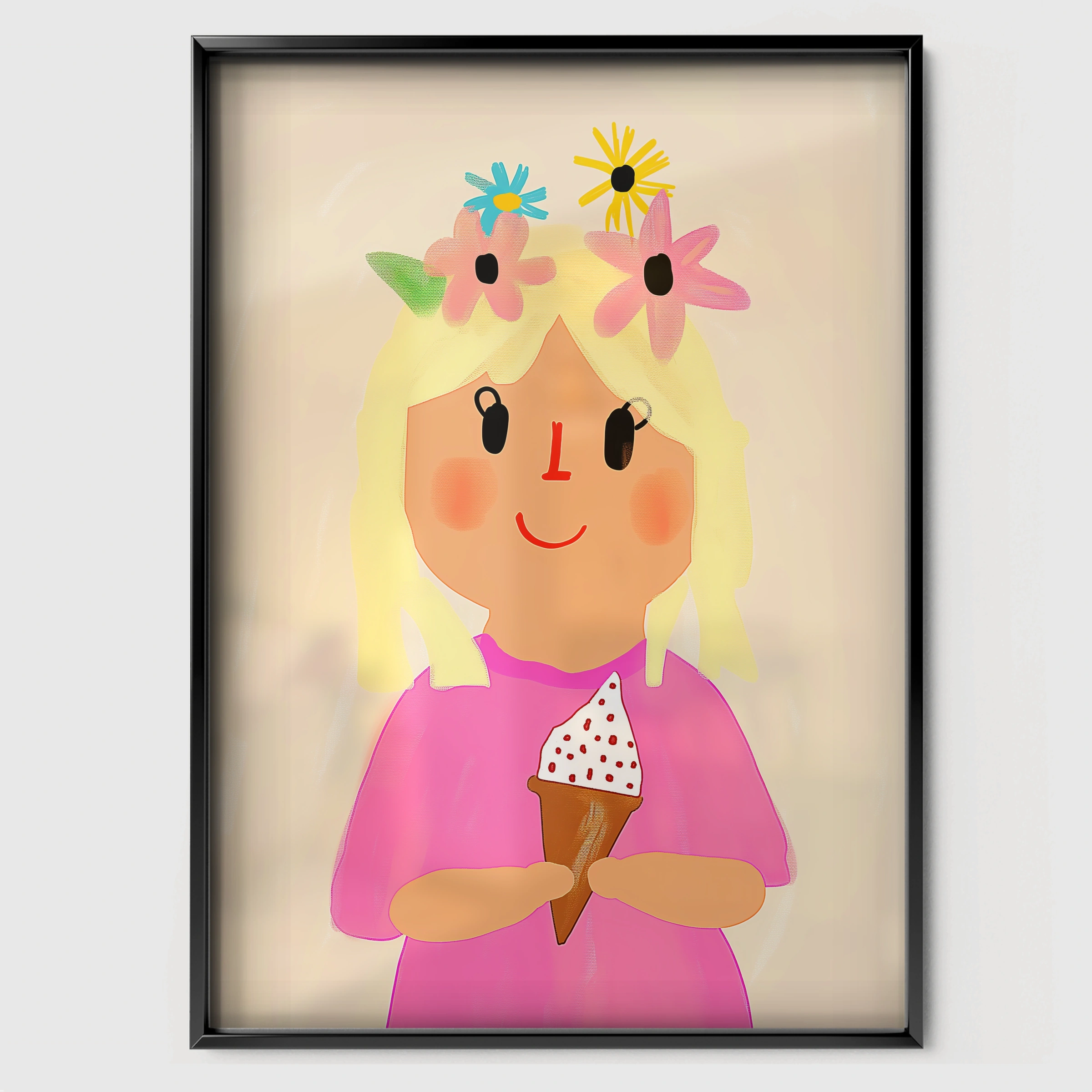 Girl with an Ice Cream Nursery Print - black framed nursery wall art print