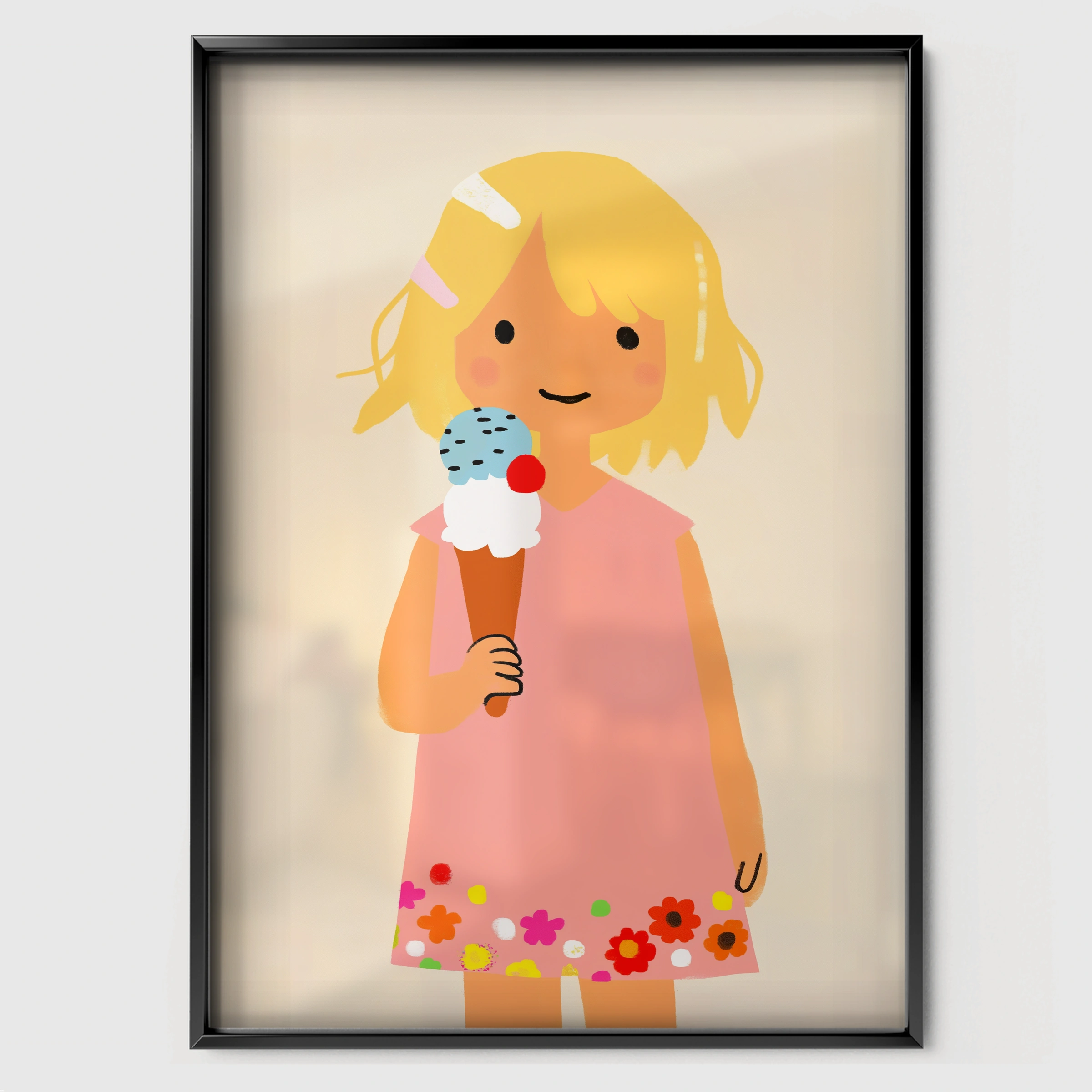 Girl with an Ice Cream Two Nursery Print - black framed nursery wall art print