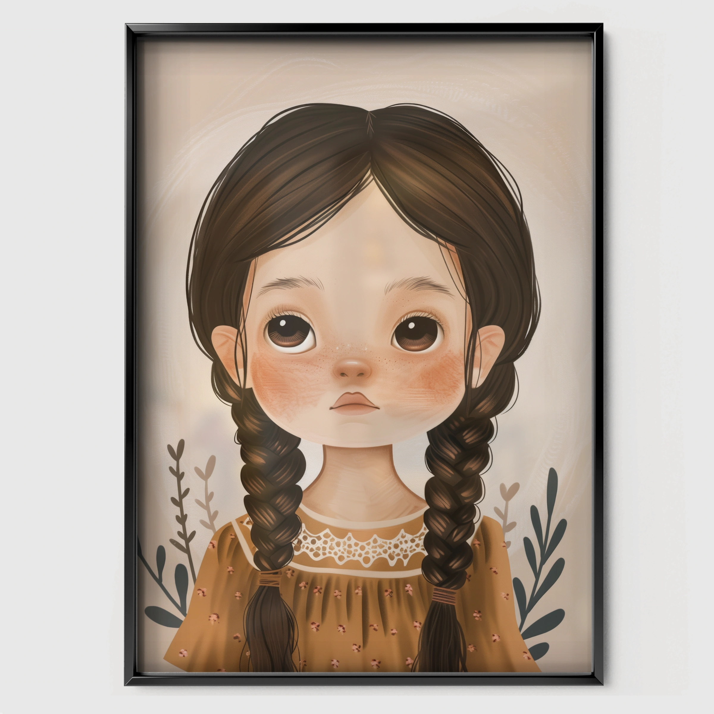 Girl with Braids Nursery Print - black framed nursery wall art print