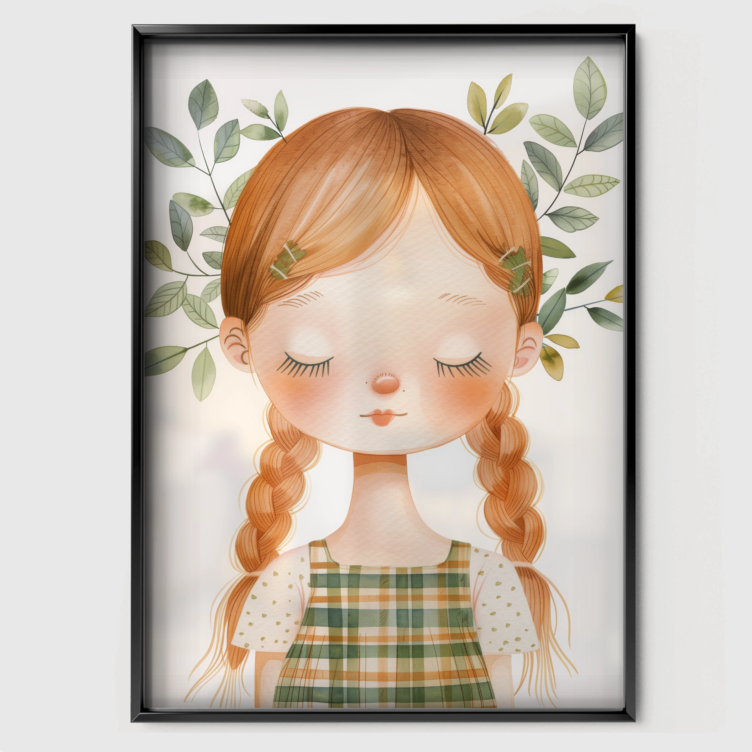 Girl with Braids Two Nursery Print - black framed nursery wall art print