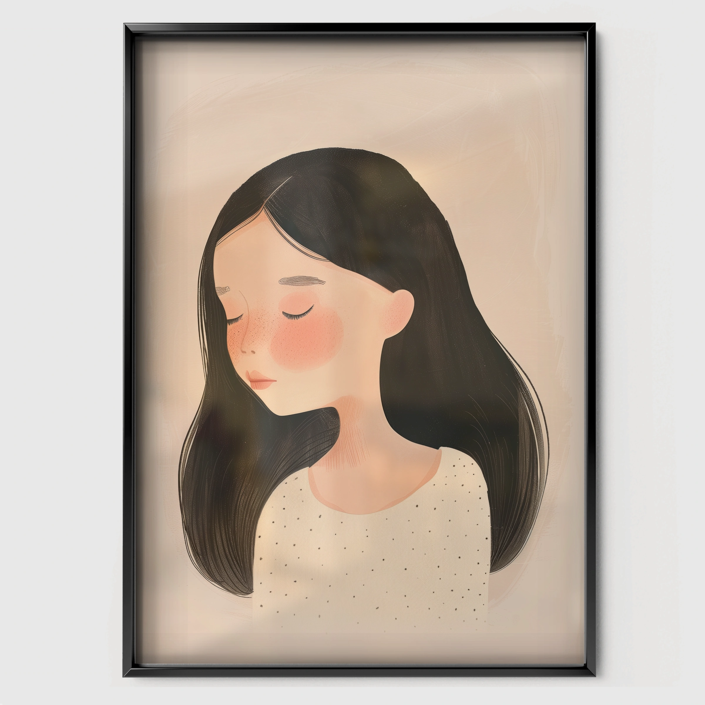 Girl with Dark Hair Nursery Print - black framed nursery wall art print