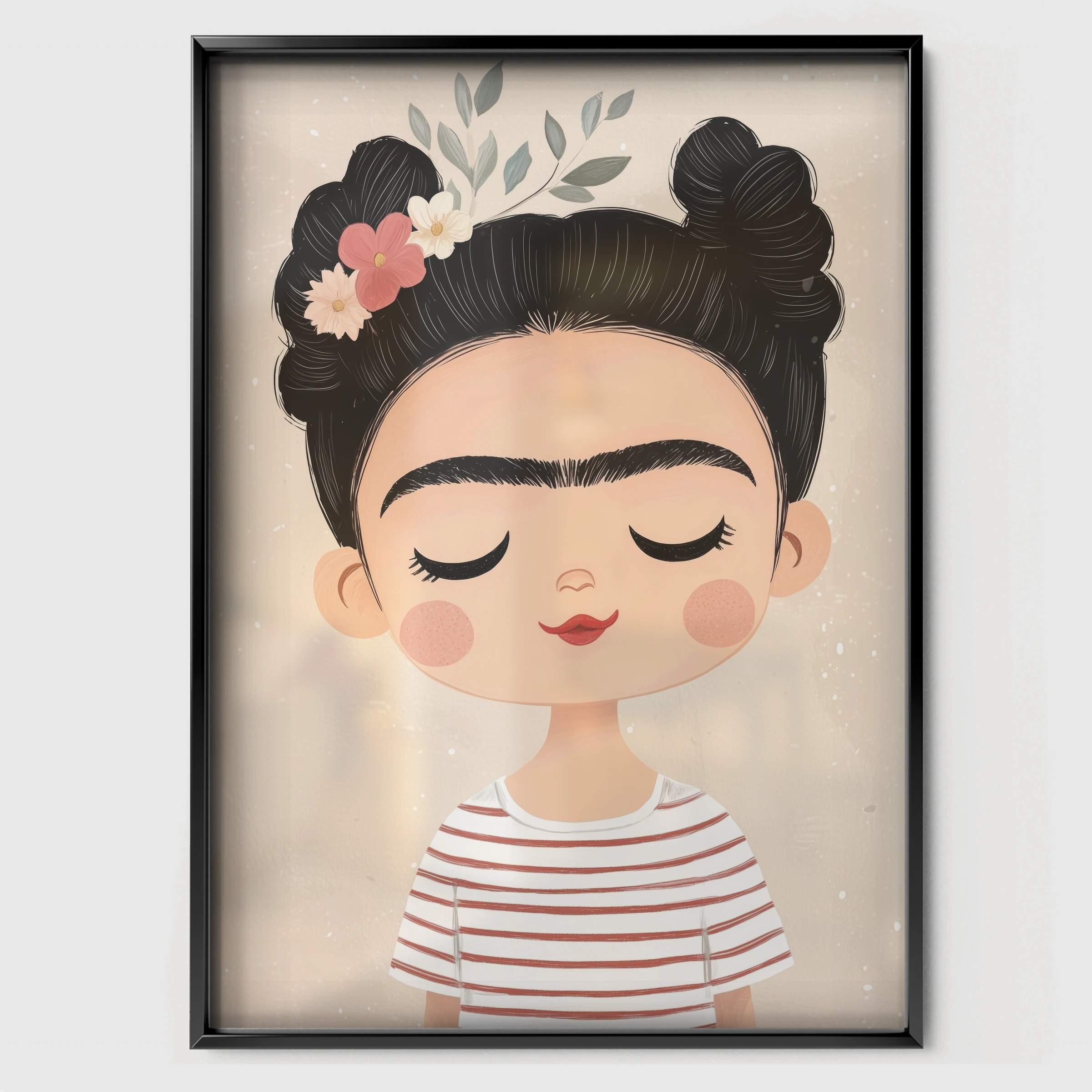 Girl with Flowers Nursery Print - black framed nursery wall art print