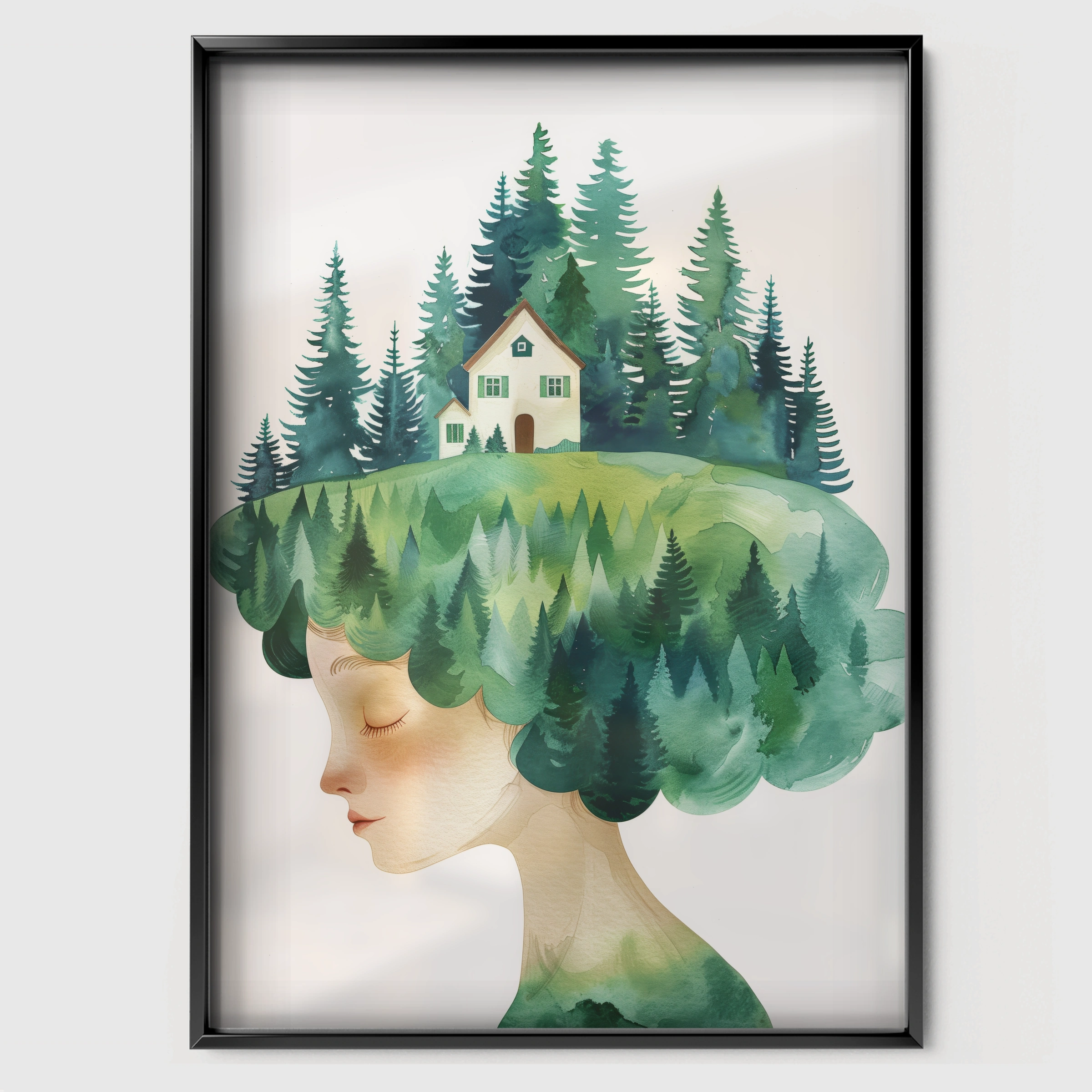 Girl with Forest Hair Nursery Print - black framed nursery wall art print