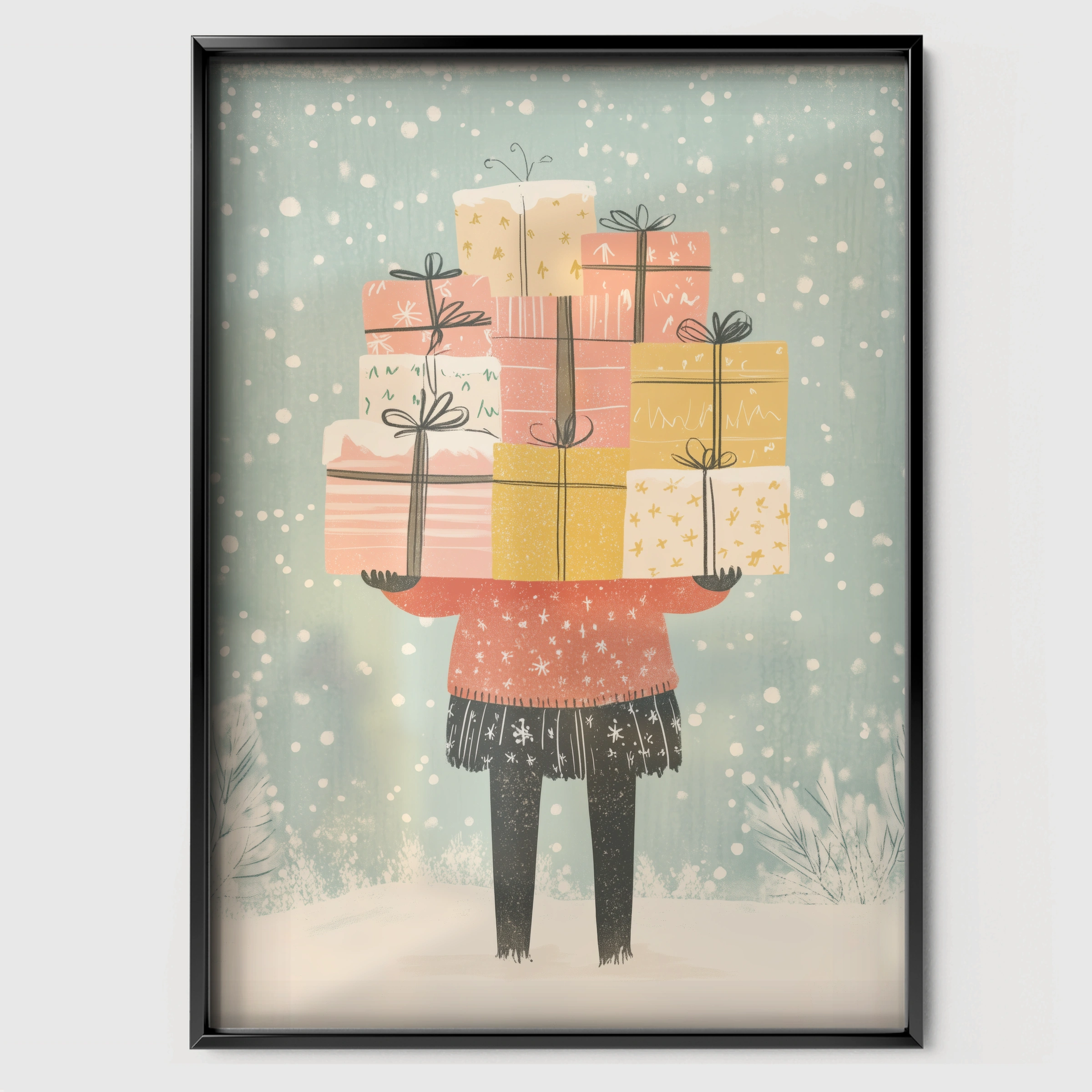 Girl with Gifts Christmas Print - black framed nursery wall art print