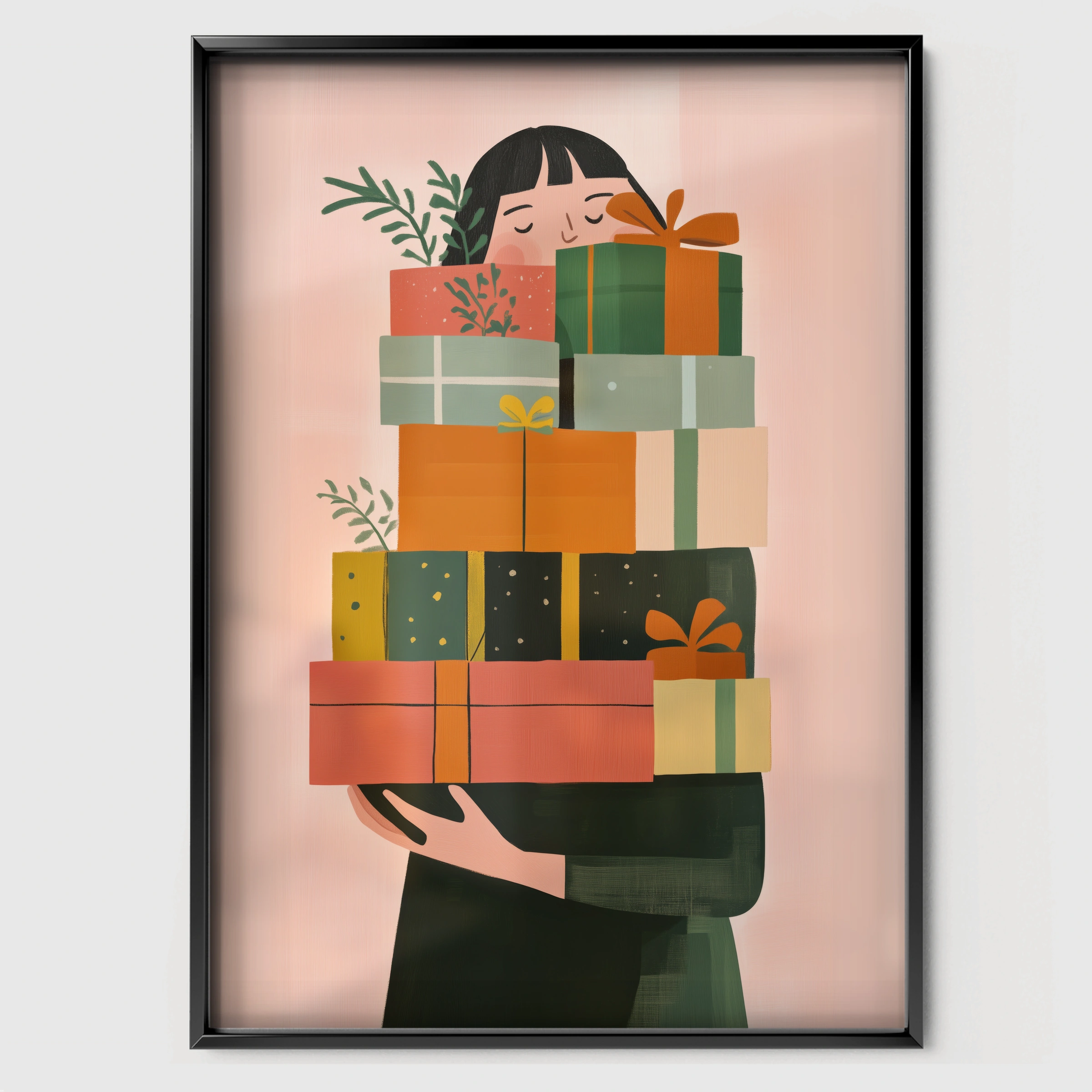 Girl with Gifts Two Christmas Print - black framed nursery wall art print