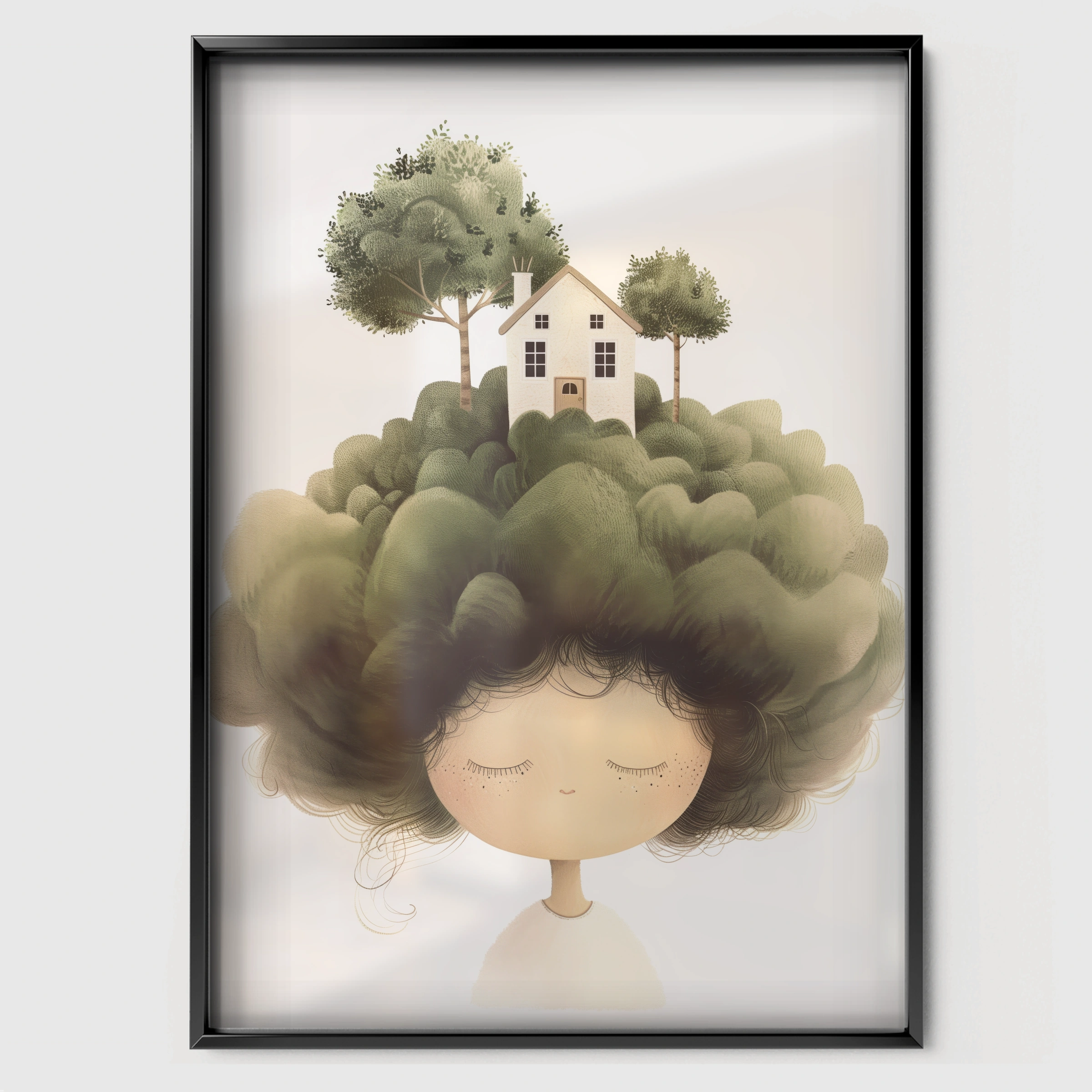 Girl with Tree Hair Nursery Print - black framed nursery wall art print