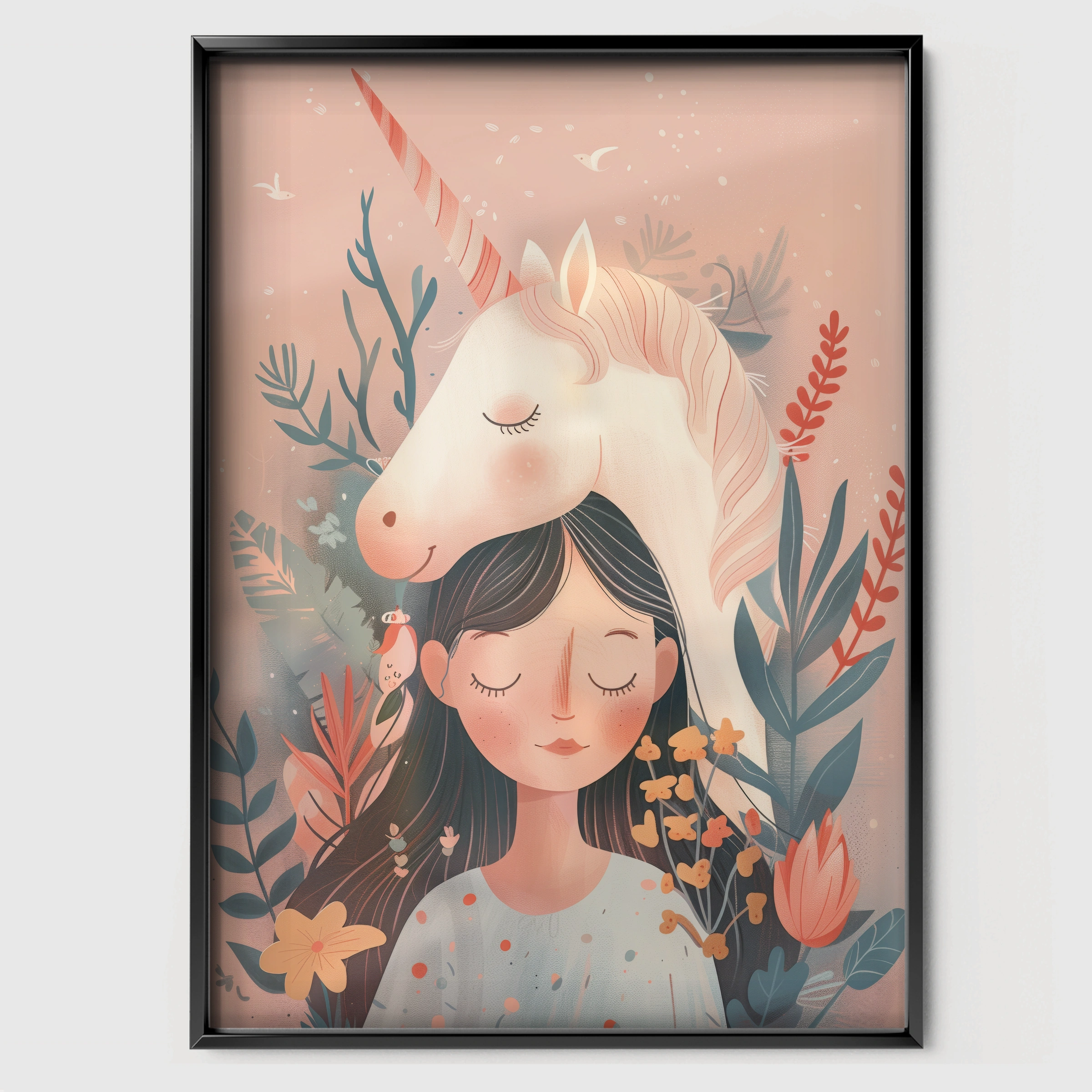 Girl with Unicorn Hair Nursery Print - black framed nursery wall art print