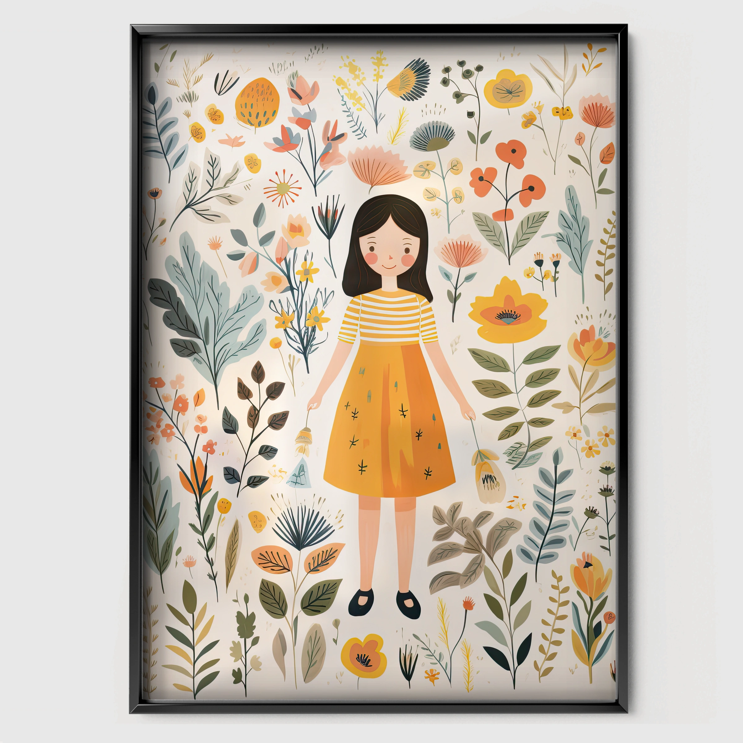 Girl With Wildflowers Nursery Print - black framed nursery wall art print