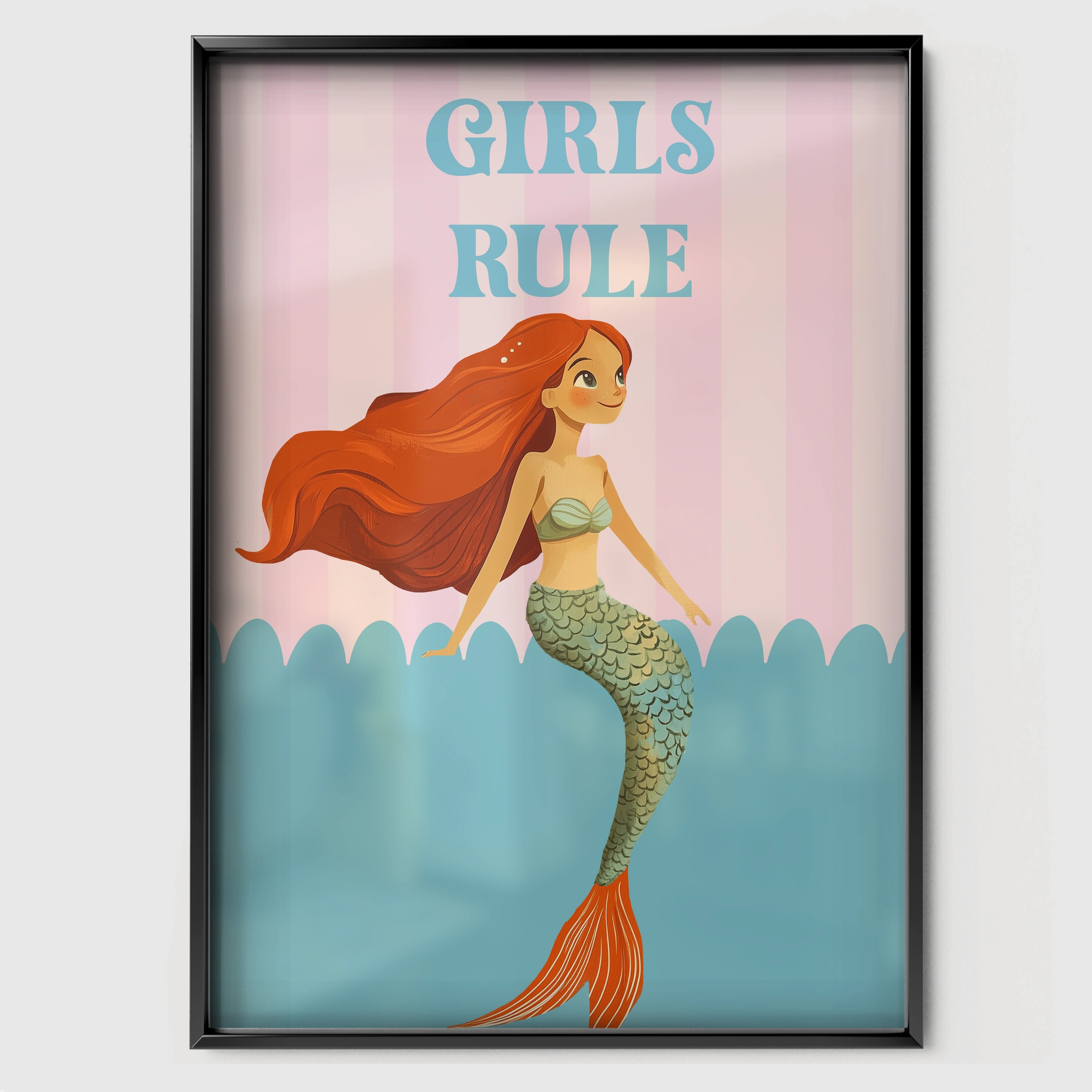 Girls Rule Mermaid Nursery Print - black framed nursery wall art print