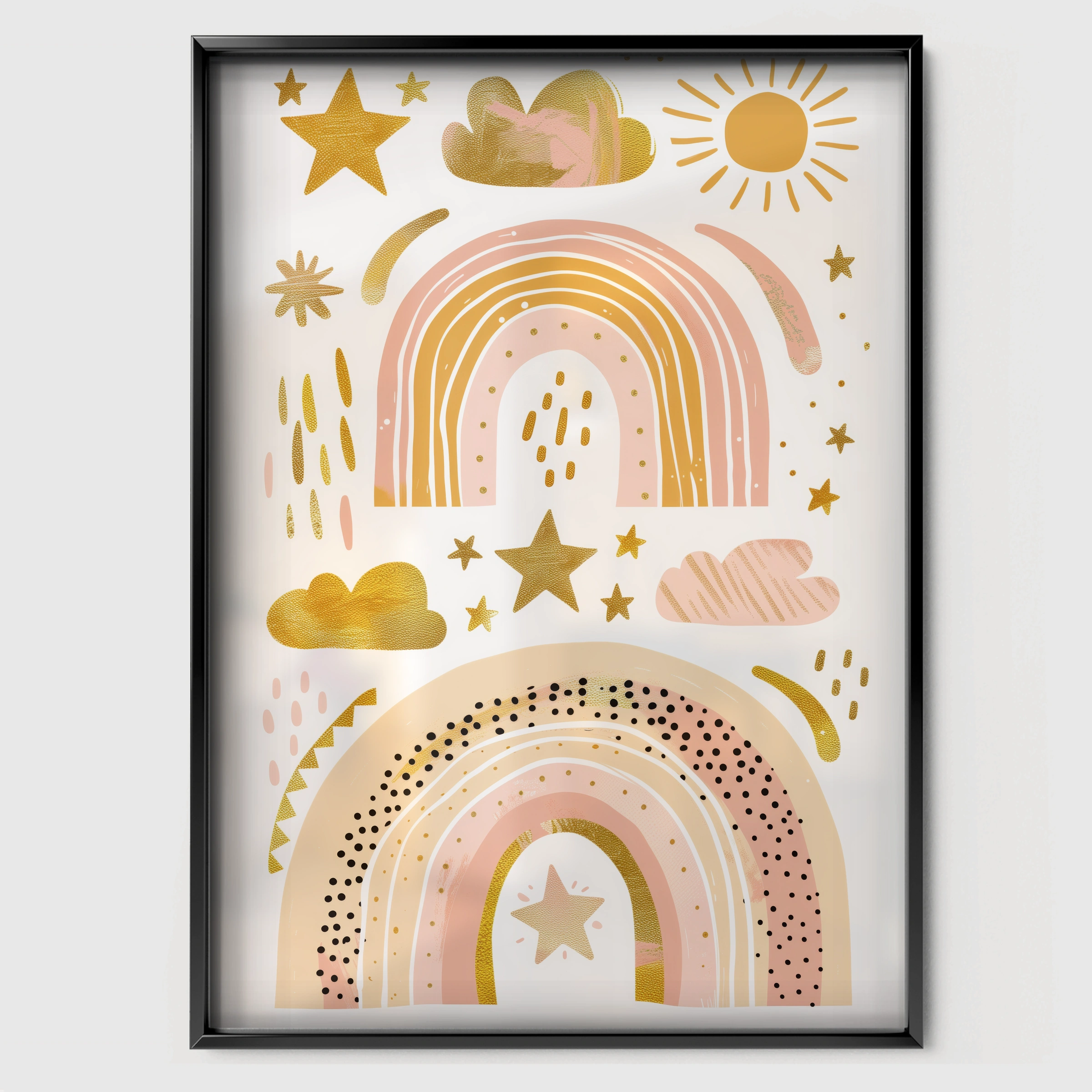 Golden Boho Rainbows Nursery Print - black framed nursery wall art print