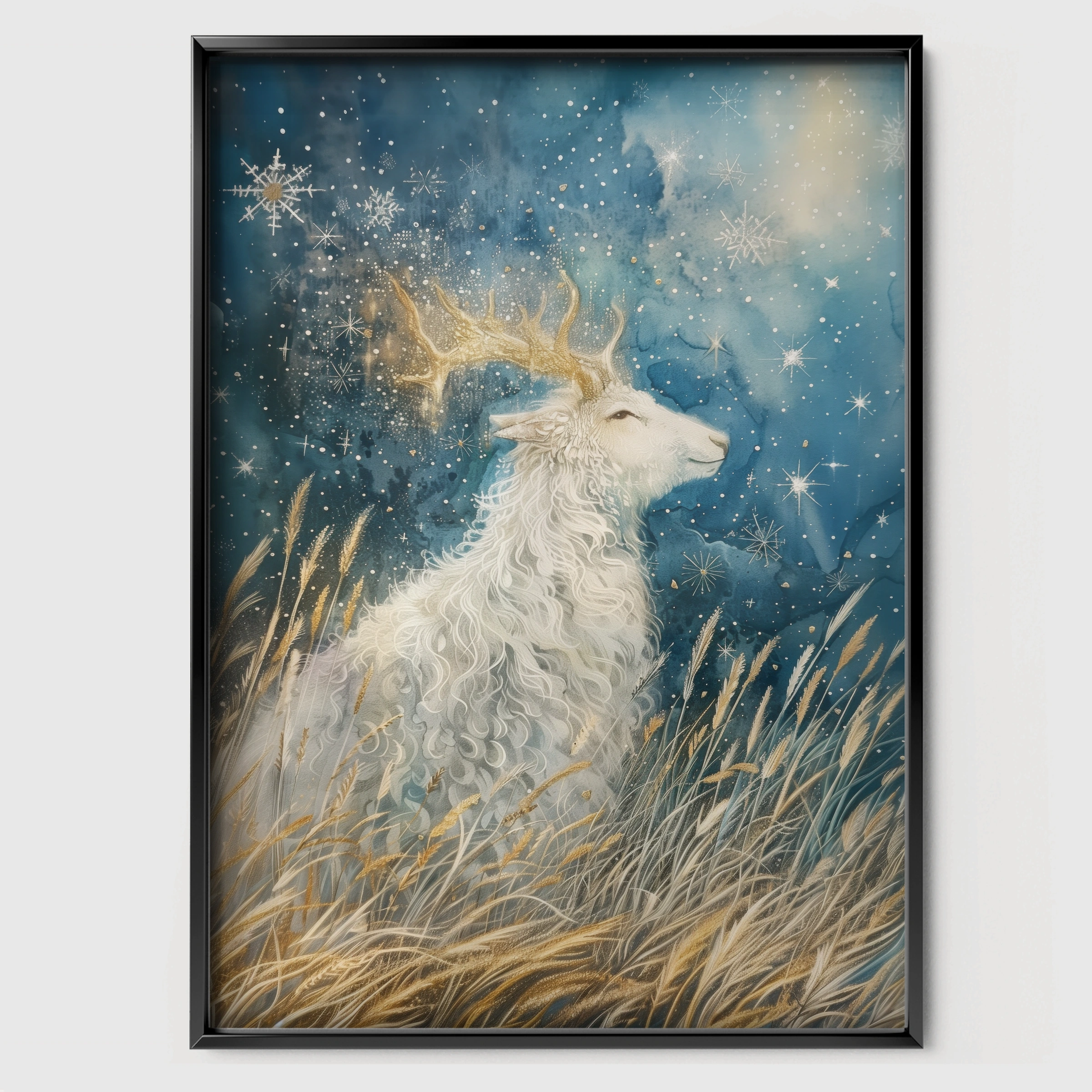 Golden Deer at Night Nursery Print - black framed nursery wall art print