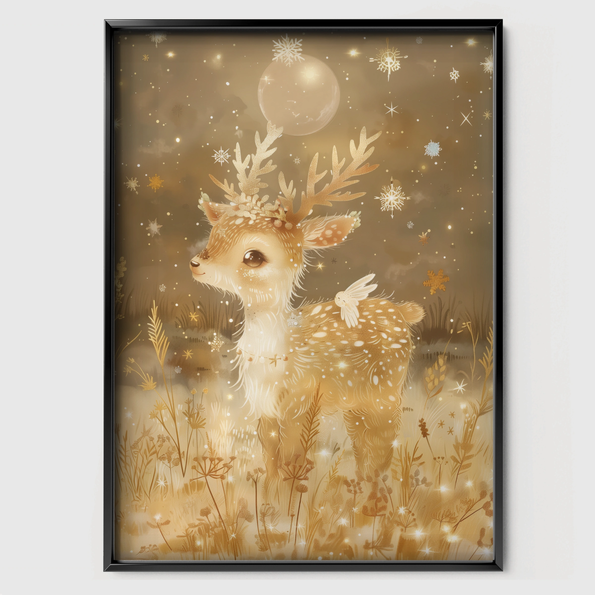 Golden Fawn Nursery Print - black framed nursery wall art print