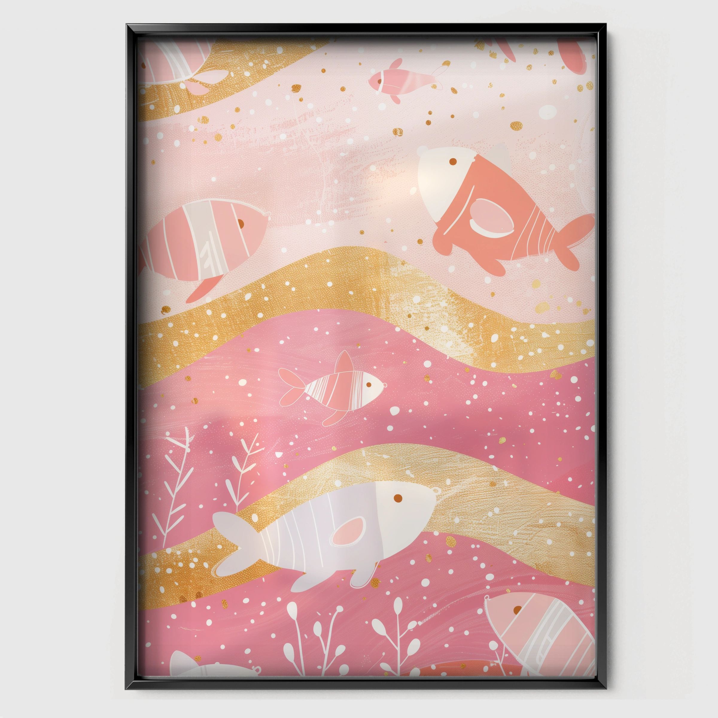 Golden Fish Waves Nursery Print - black framed nursery wall art print