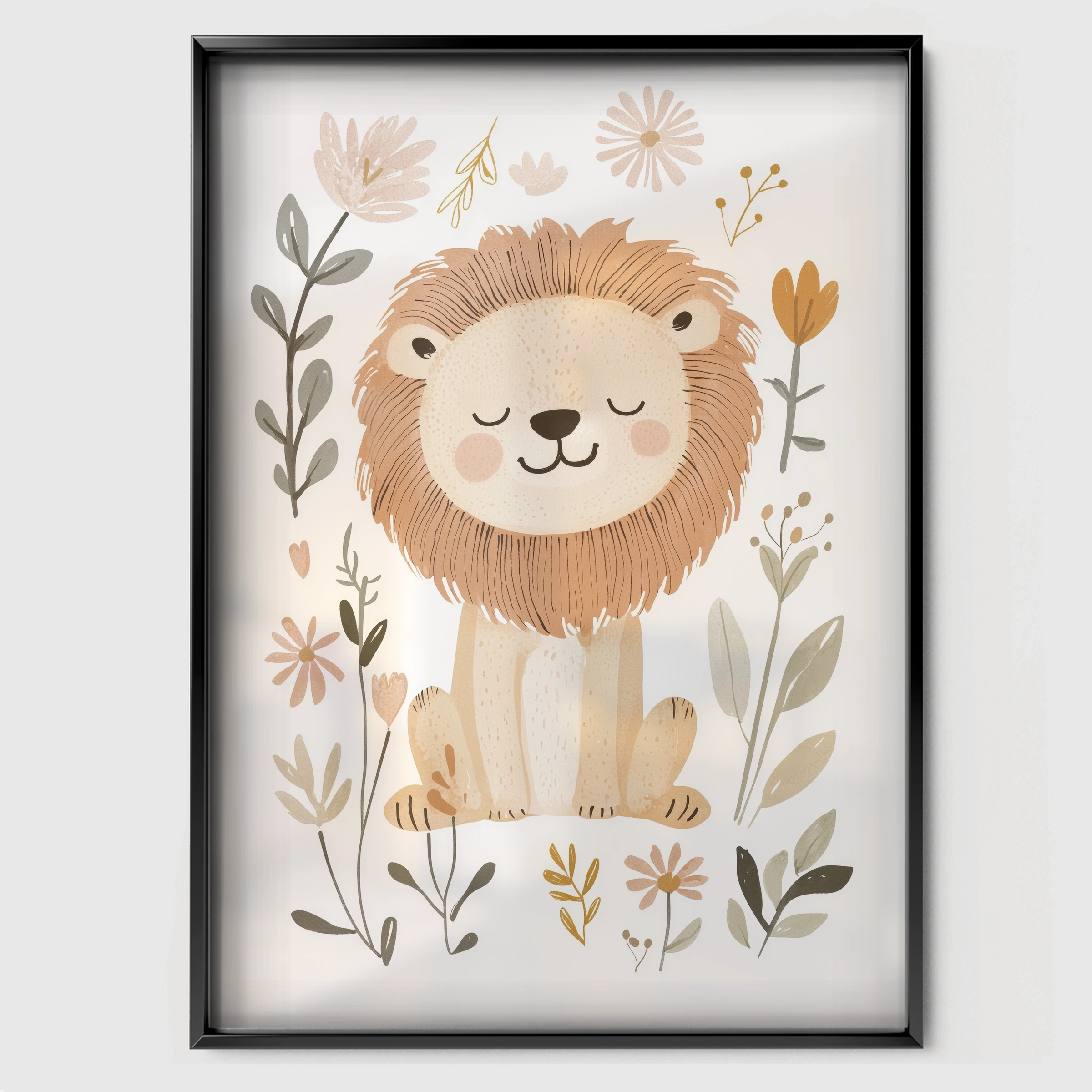 Golden Lion Cub Nursery Print - black framed nursery wall art print
